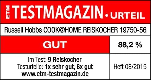Eine Bewertung aus einer Zeitschrift, die einen Reiskocher von Russell Hobbs mit 88,2 % bewertet.