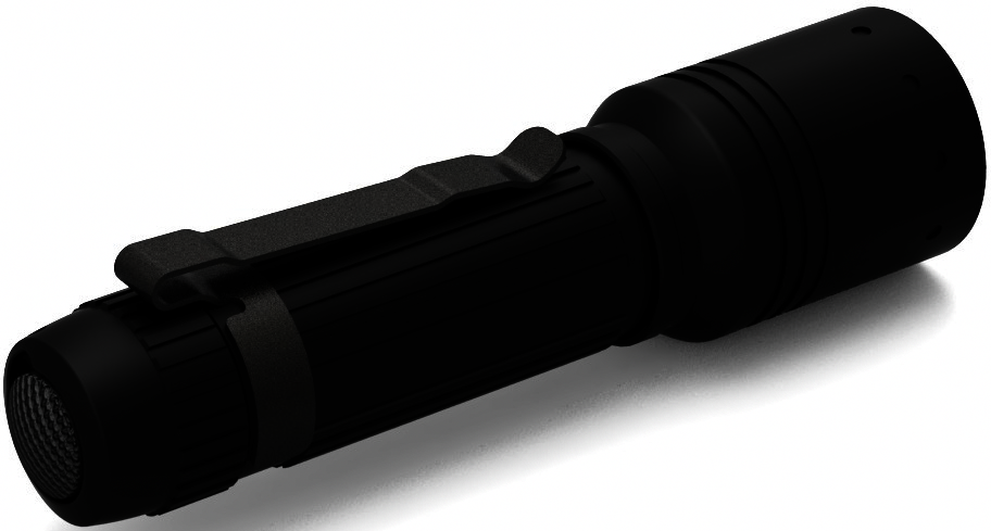 Eine schwarze Taschenlampe mit Clip. Es hat einen strukturierten Griff und eine Linse.