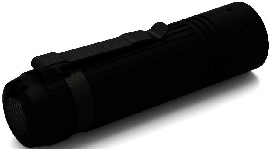 Schwarze Taschenlampe mit Clip, schräg auf weißer Oberfläche, einsatzbereit.