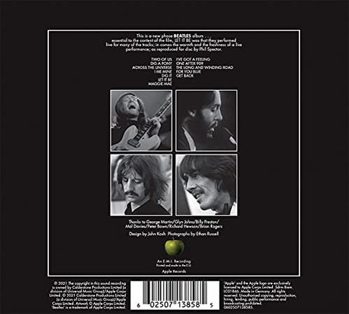 Album borító a Beatles fotóival, szöveggel és alma logóval feketén.