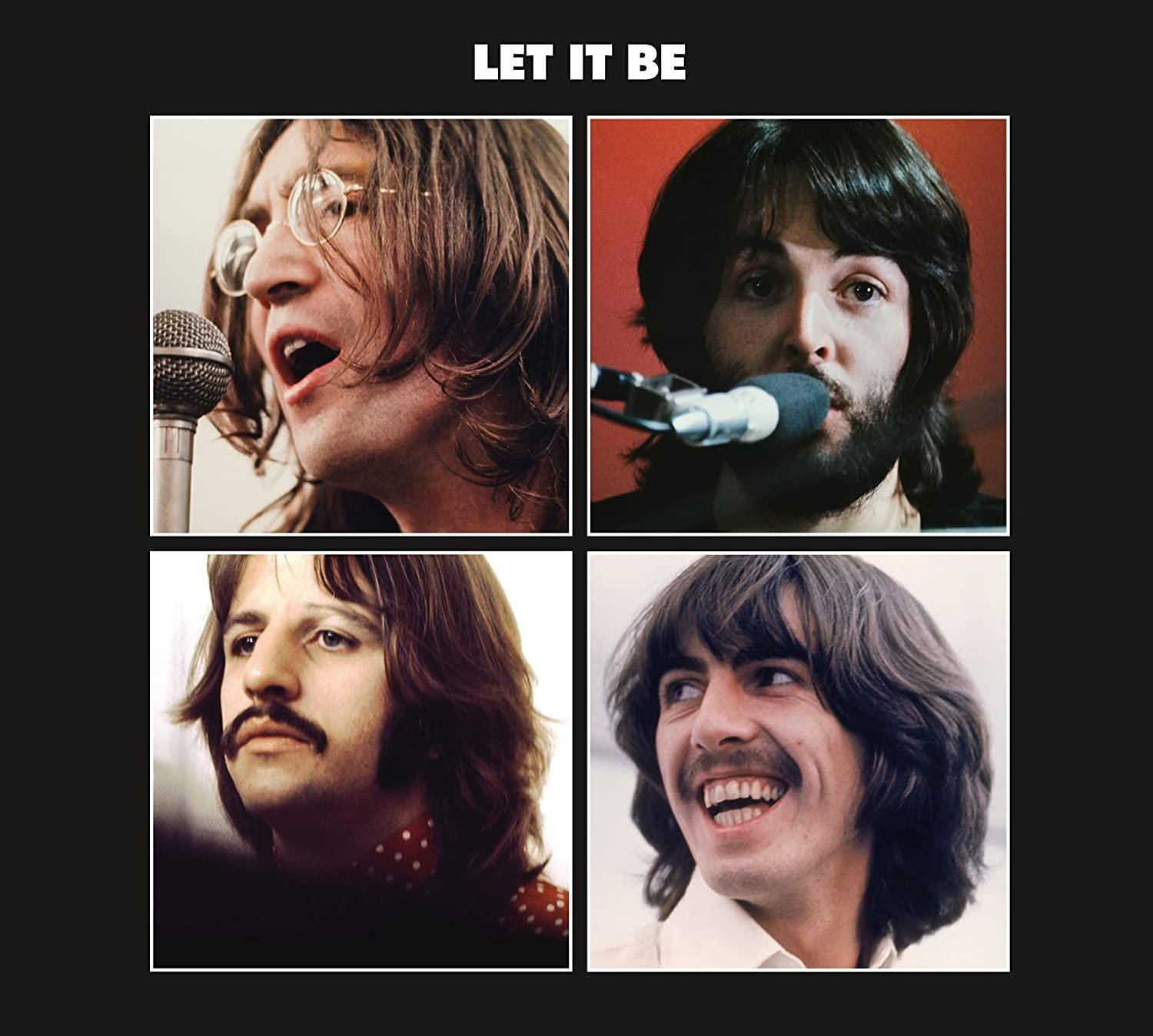 A Beatles 'Let It Be' album borítója, a zenekar tagjainak négy portréjával. Fekete háttér.