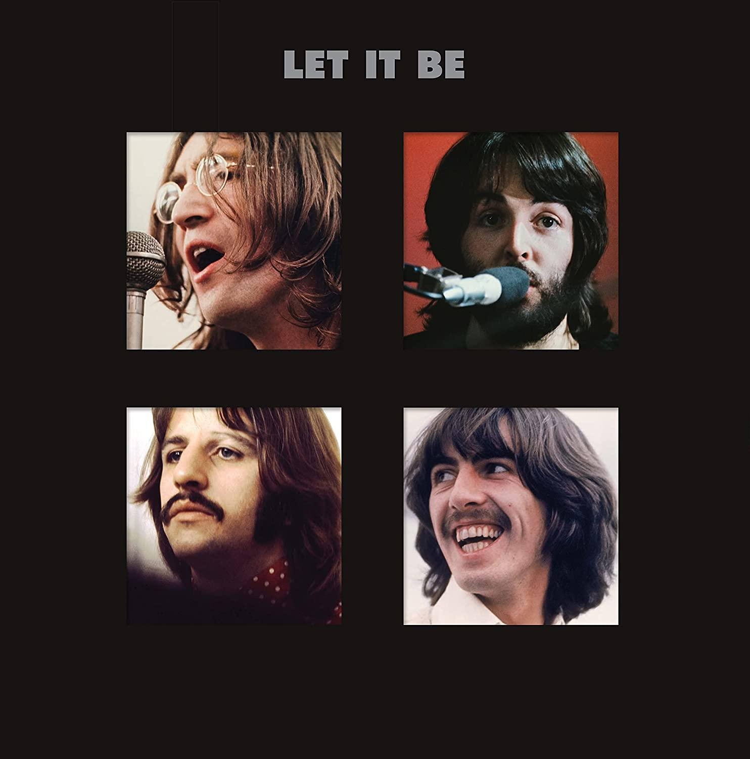 A Beatles négy portréja fekete háttéren, a "LET IT BE" felirattal.