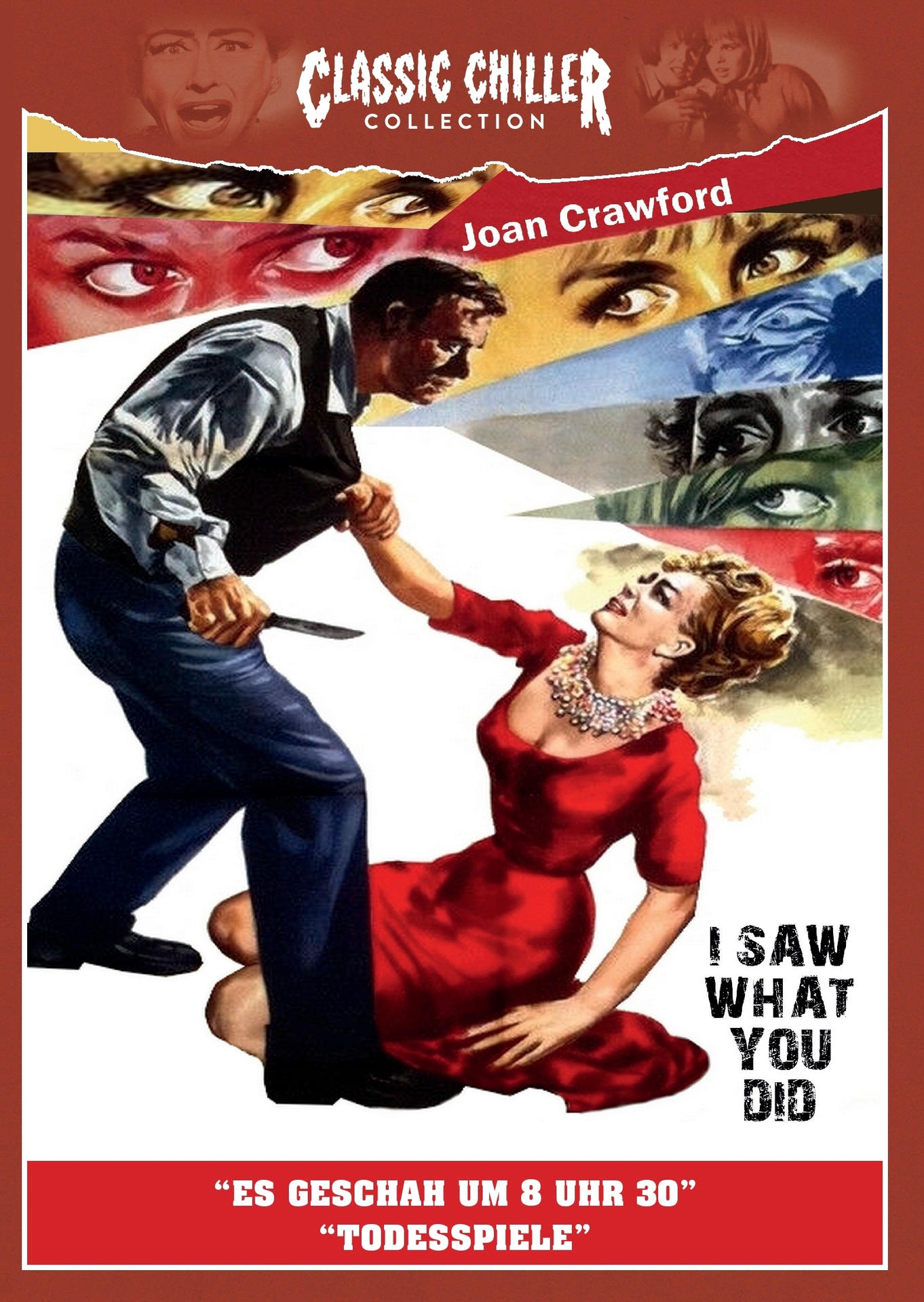 Filmplakat: Ein Mann mit einem Messer greift eine Frau an. Titel: I Saw What You Did.