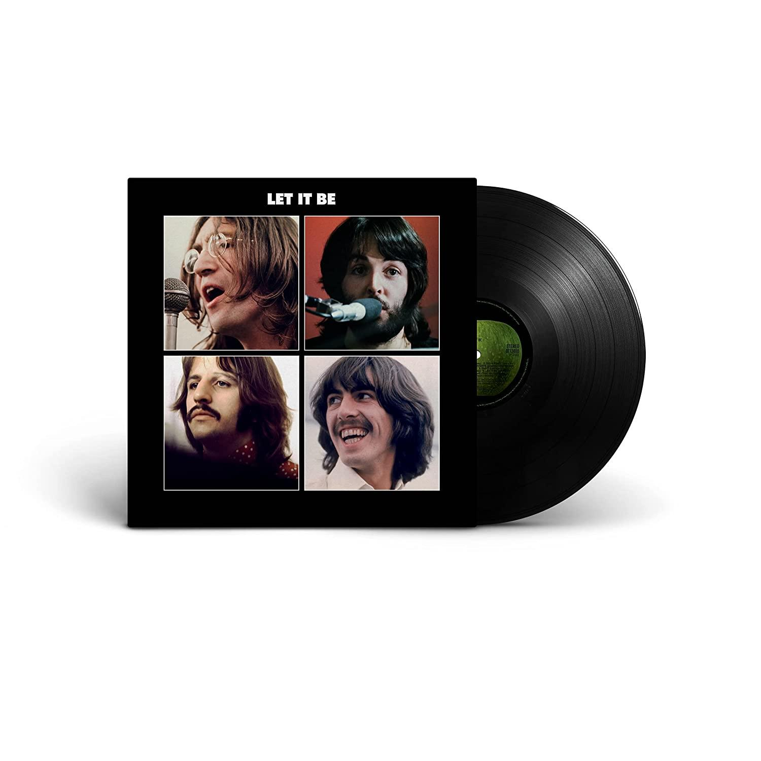 The Beatles' "Let It Be" album cover. Features band member photos, with a black vinyl record next to it.