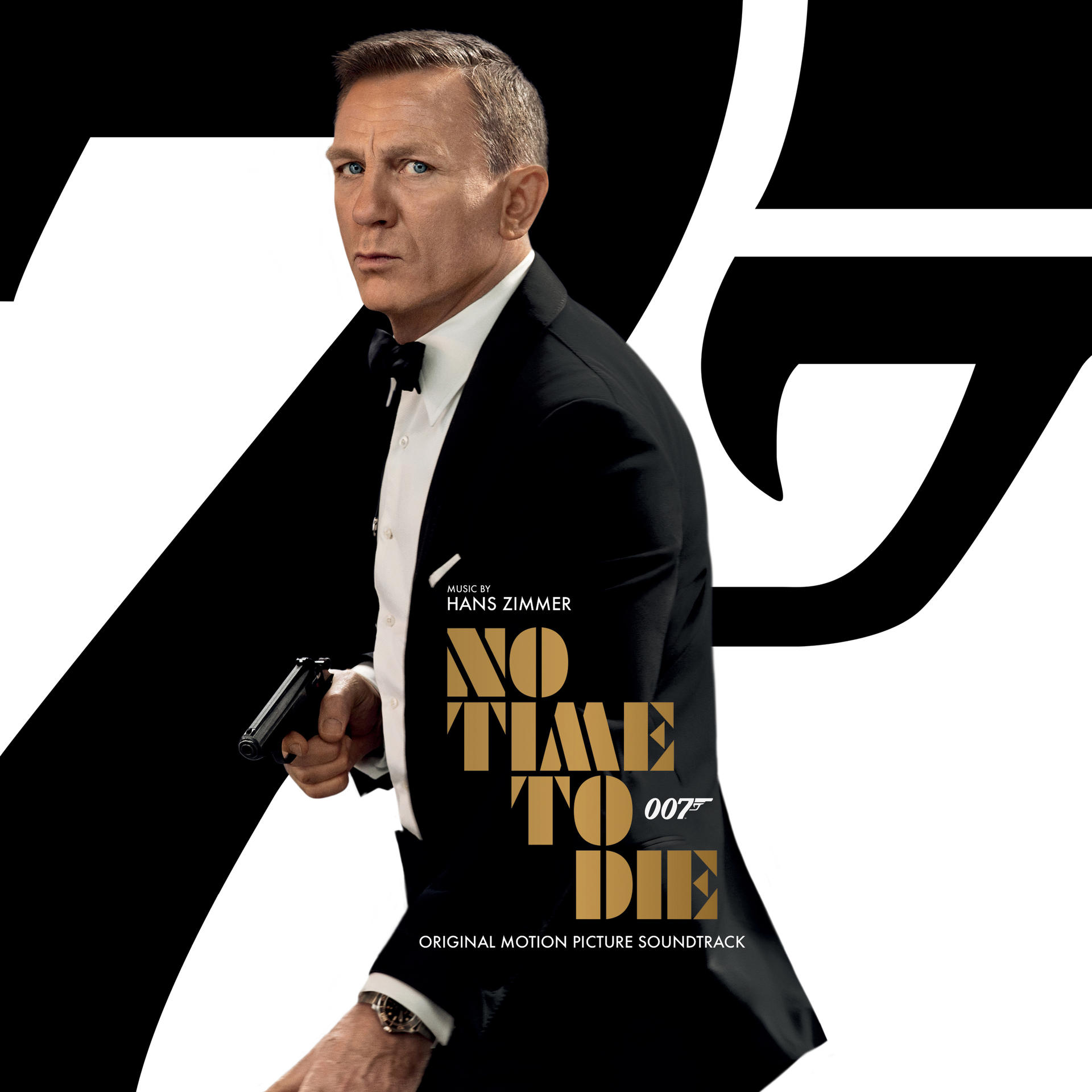 Filmposter voor "No Time to Die". Daniel Craig in smoking, met een pistool.