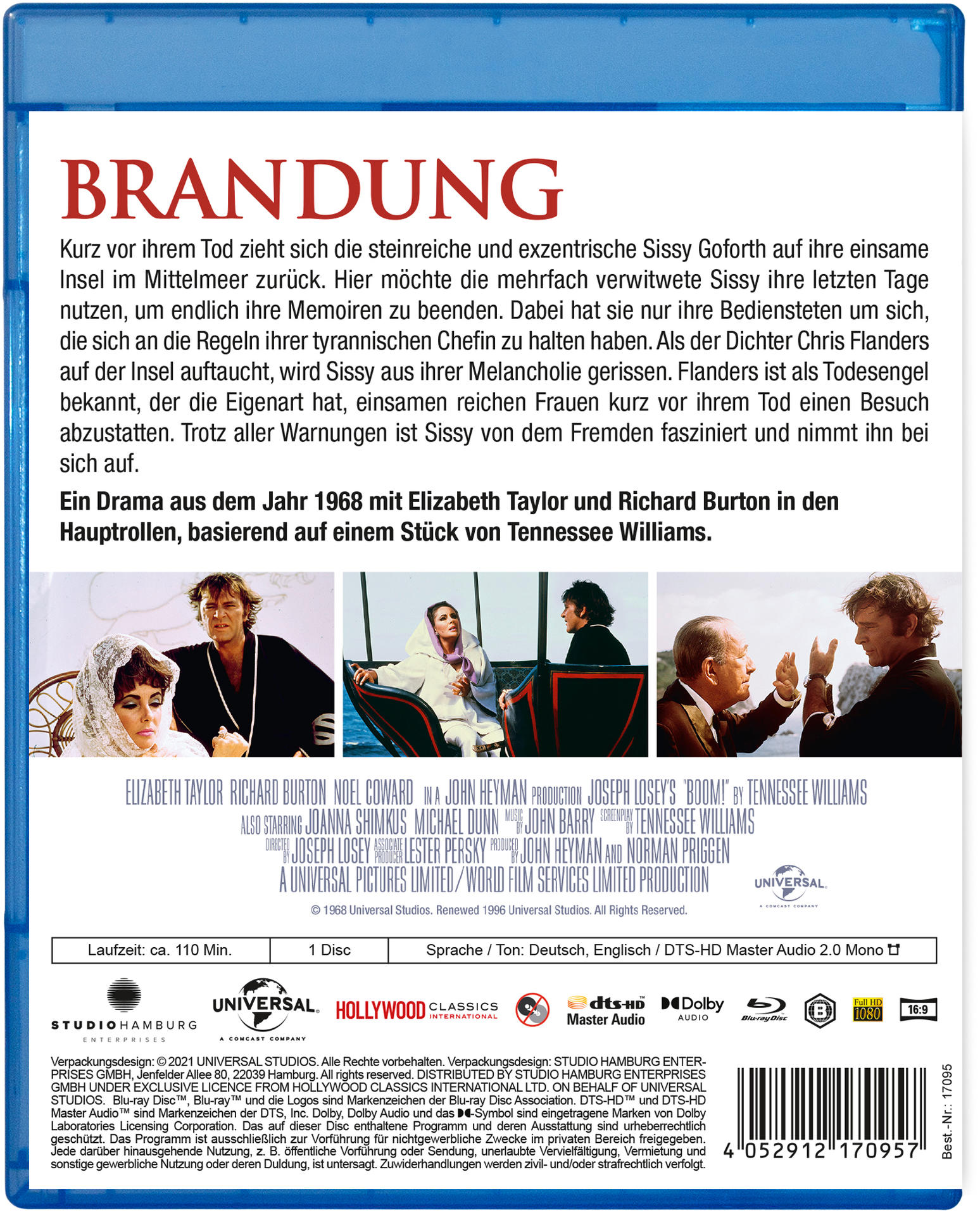 Rückseite einer DVD-Hülle mit Text und Bildern über den Film 'Boom!' mit Elizabeth Taylor.