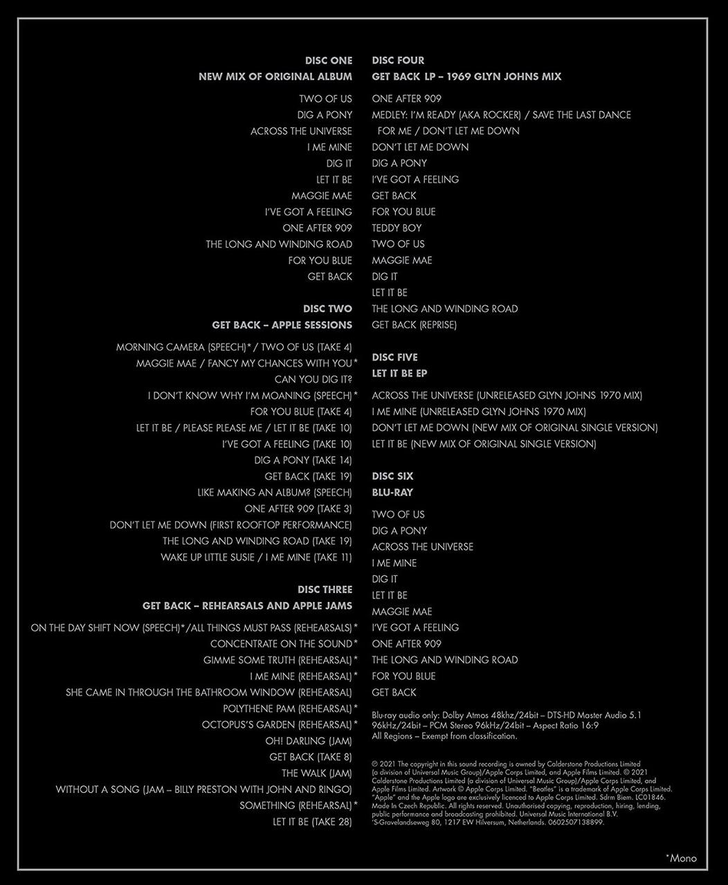 Trackliste eines Beatles-Albums mit Songtiteln auf weißem Hintergrund. Disc One, Two, Three, Four, Five, Six.