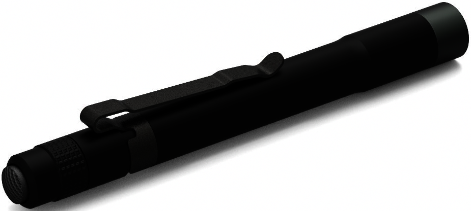 Schwarzer Stift mit Clip. Der Stift hat eine matte Oberfläche und einen Knopf am Ende.