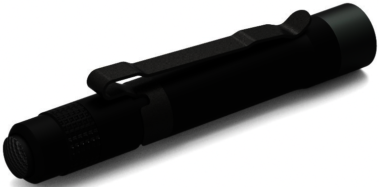 Schwarze Taschenlampe mit Clip. Die Taschenlampe ist zylindrisch und hat ein strukturiertes Ende.