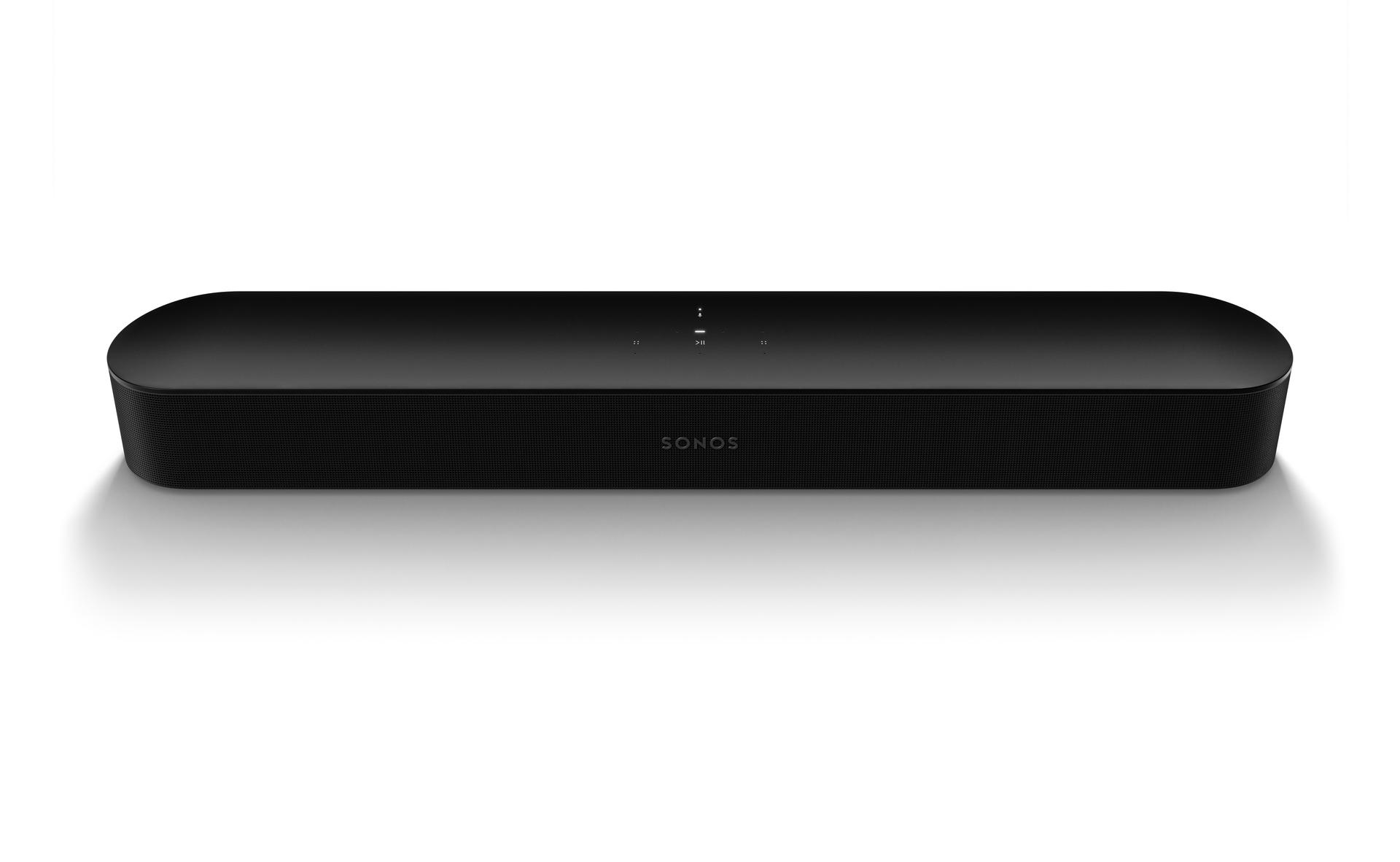 Schwarze Sonos Soundbar auf weißer Oberfläche mit Sonos-Logo.