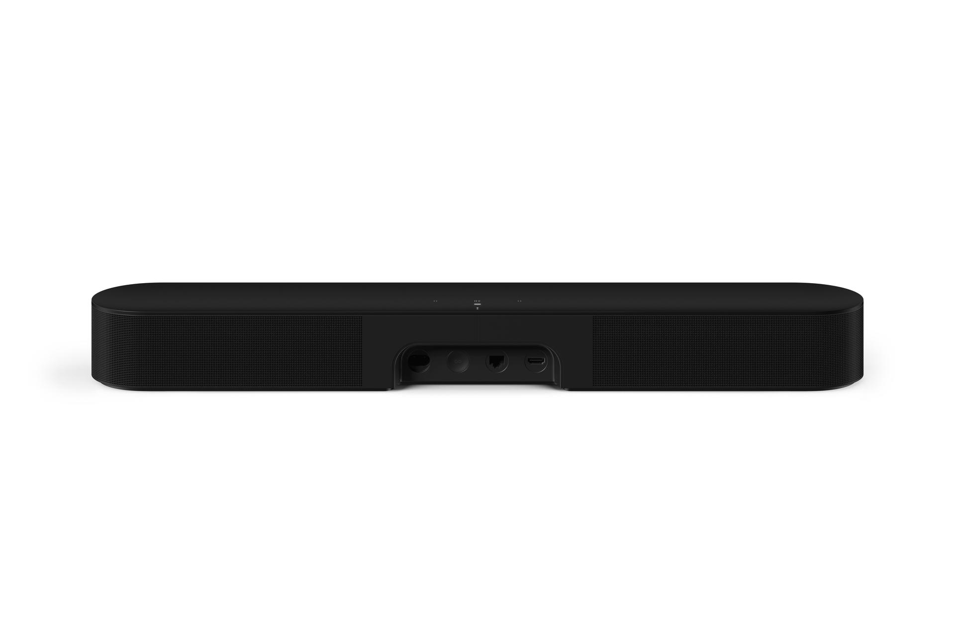 Schwarze Soundbar auf weißem Hintergrund, Rückansicht des Geräts.