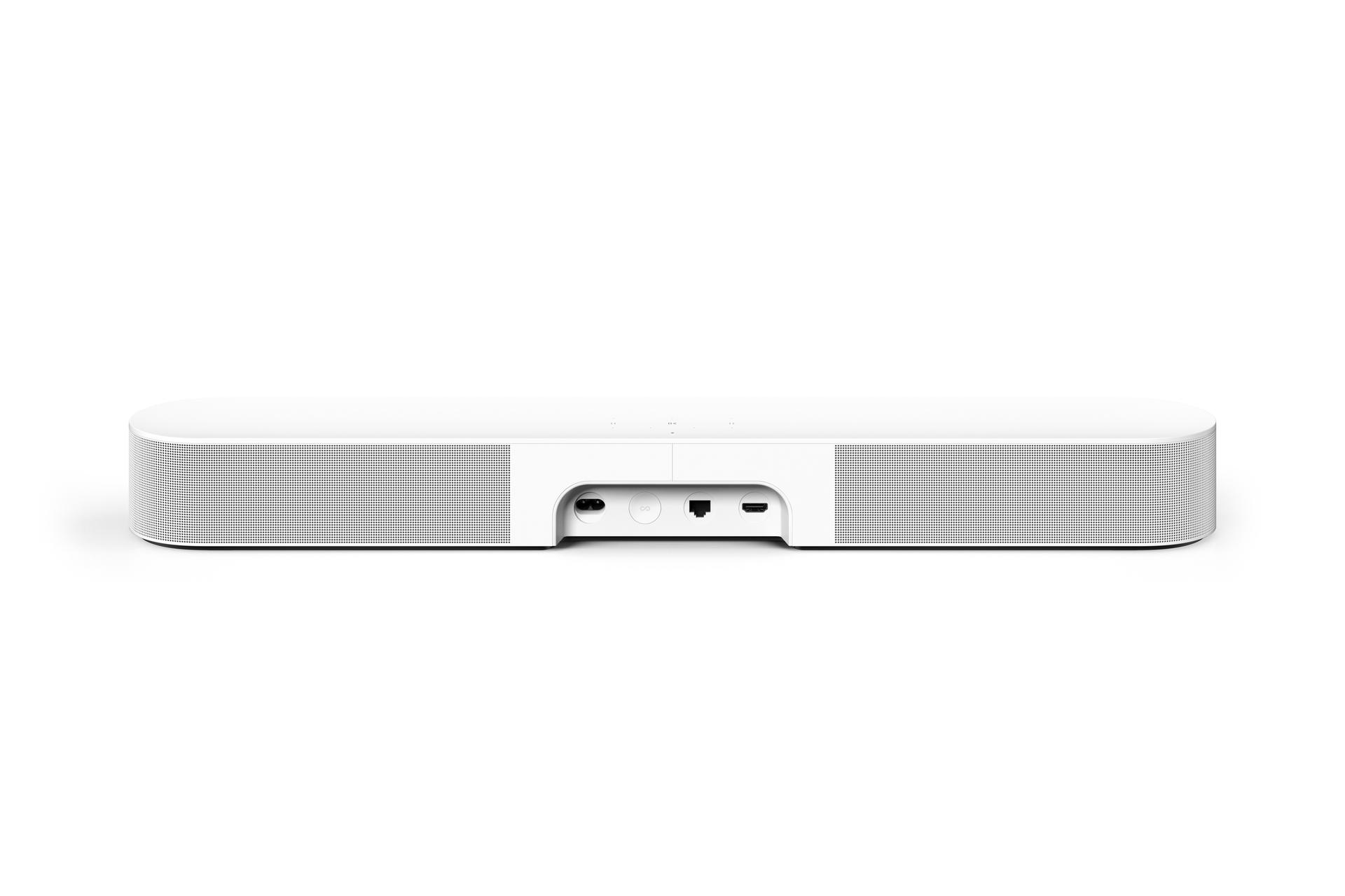 Ein weißer Soundbar-Lautsprecher mit einigen Anschlüssen auf der Rückseite.
