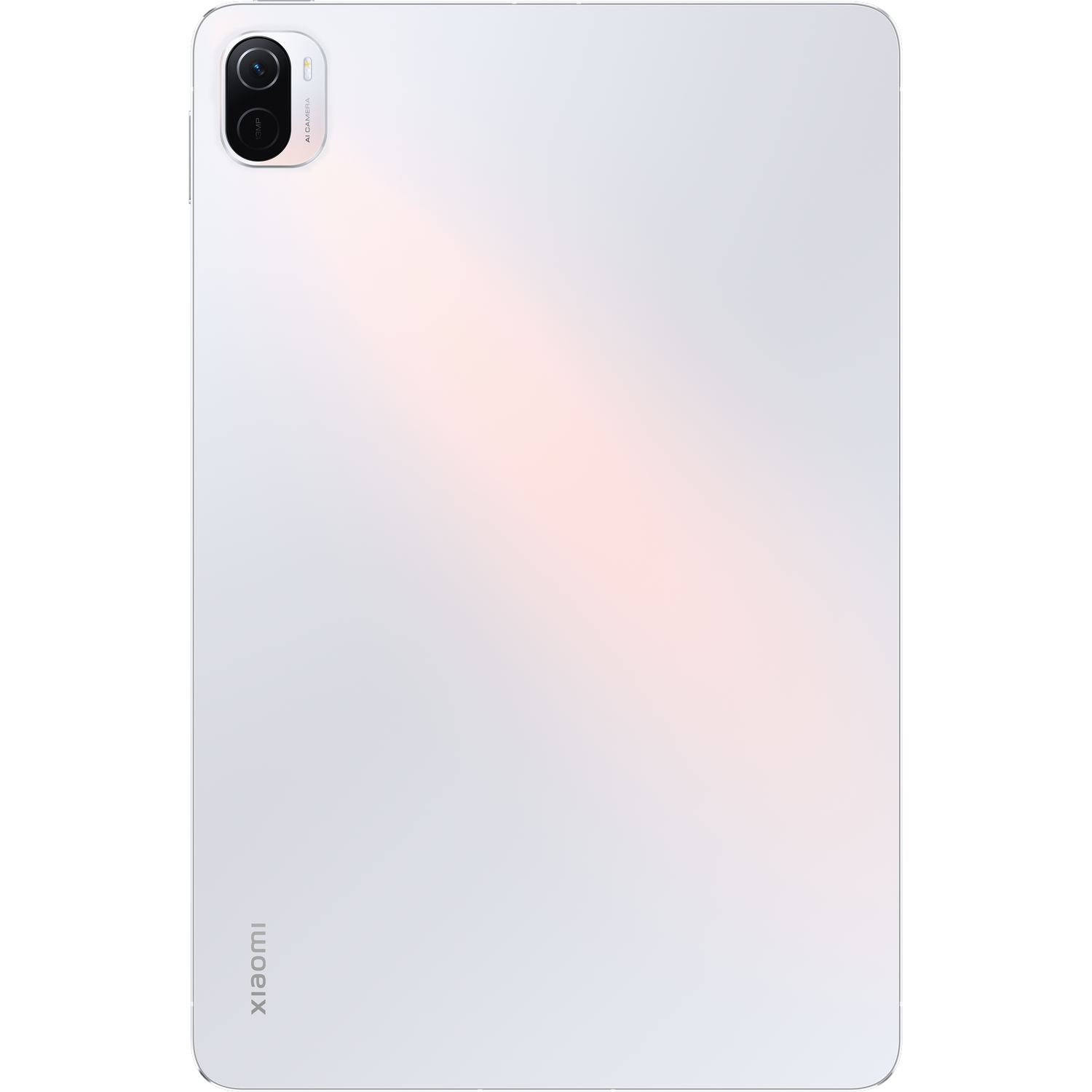 Parte trasera de una tableta blanca con cámara y logo de Xiaomi.