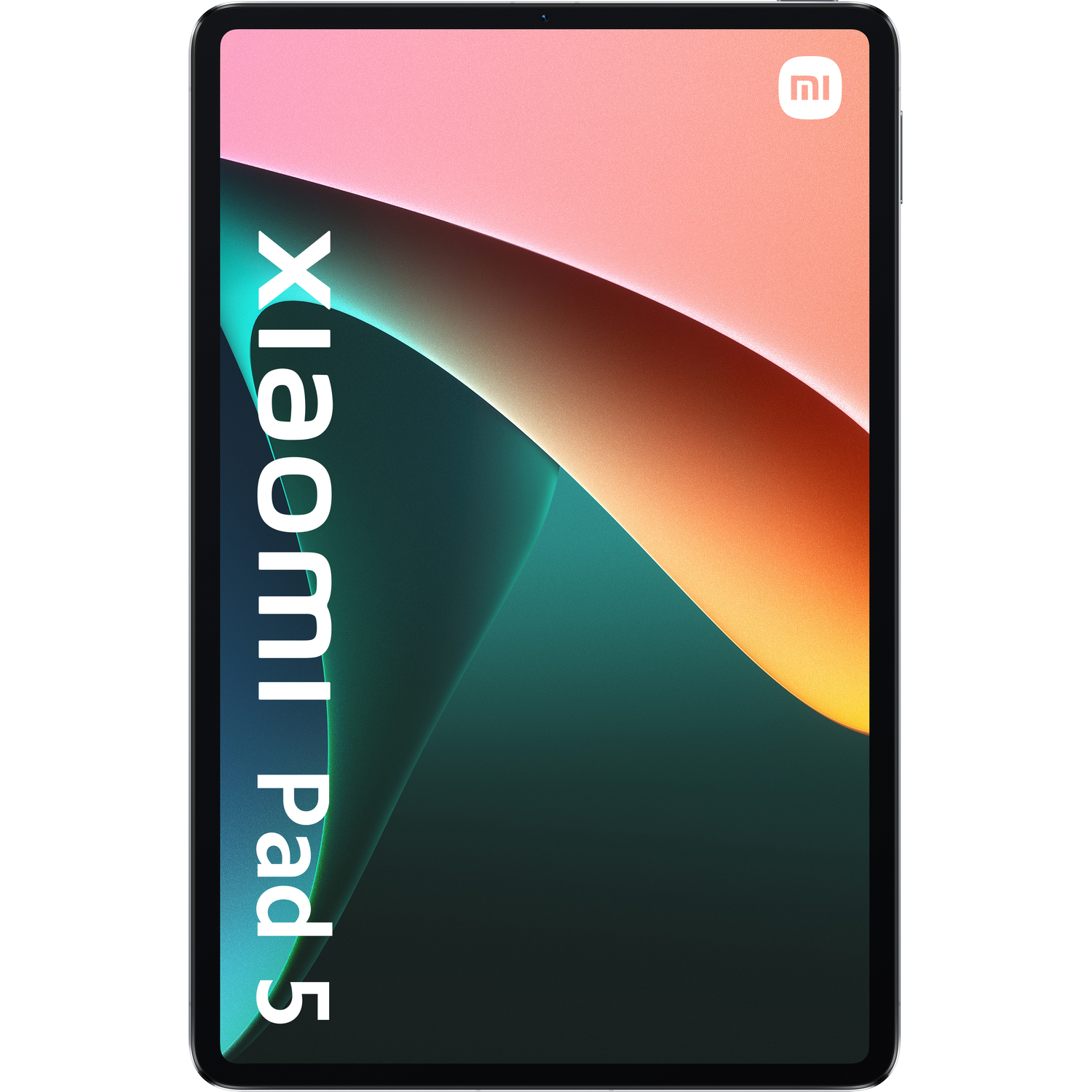 Tableta Xiaomi Pad 5 con pantalla colorida, marco negro. El fondo es blanco.