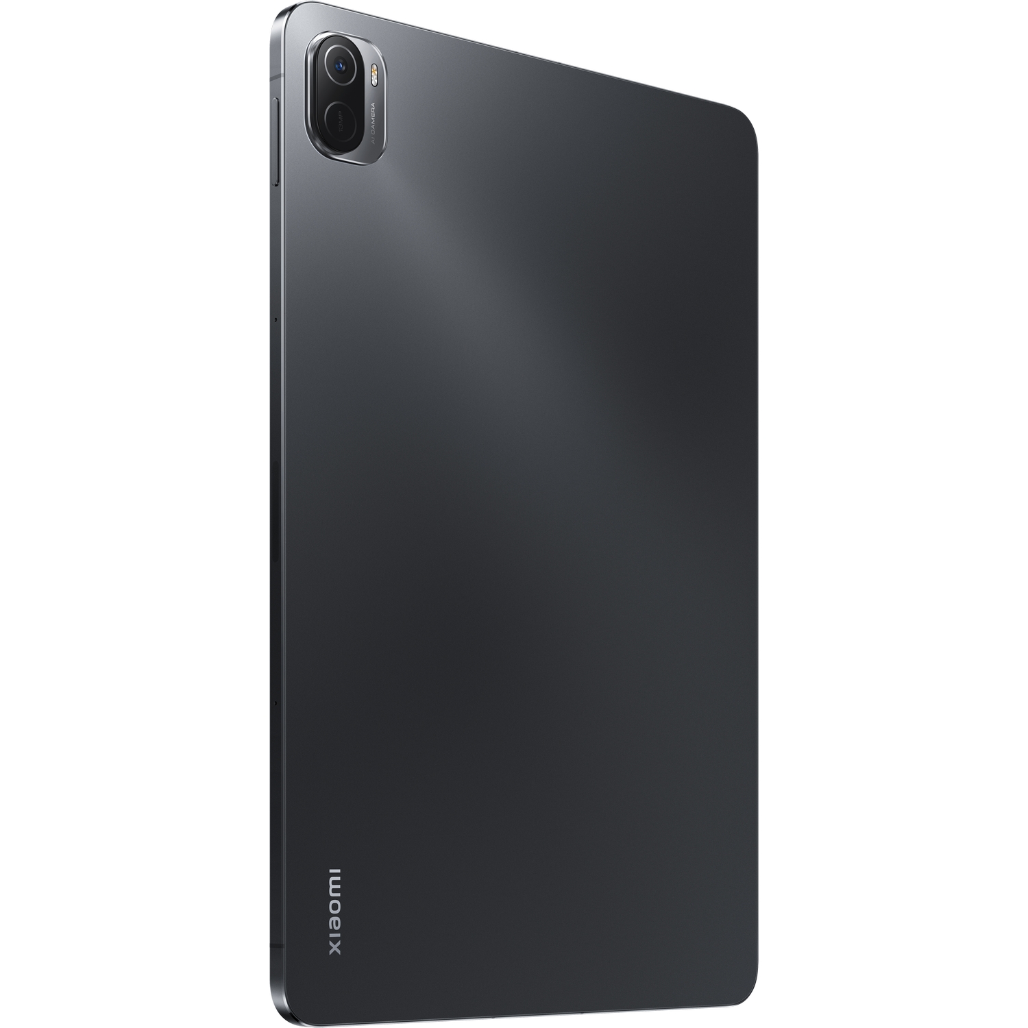 Una tableta gris oscuro de Xiaomi, mostrando la parte trasera.