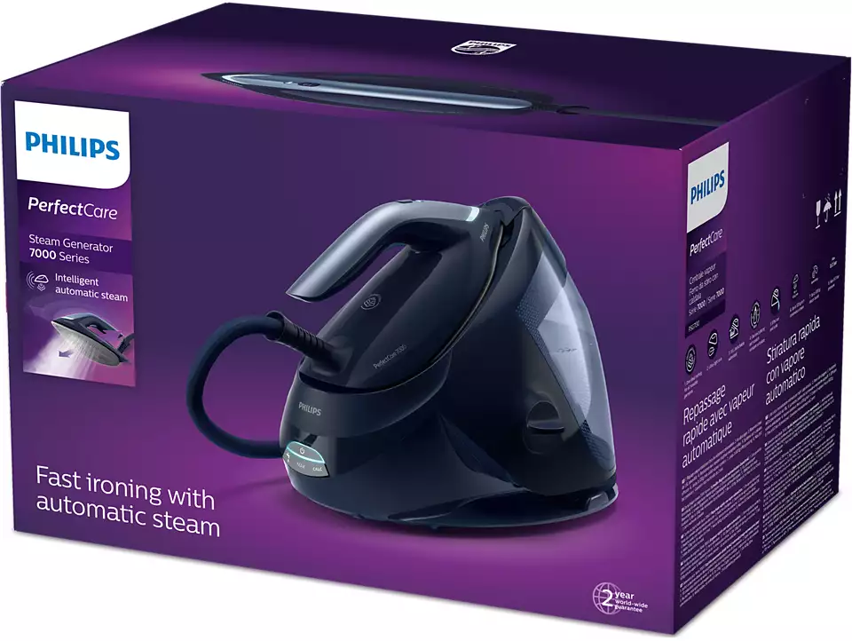 Ein Philips PerfectCare Dampfgenerator Bügeleisen in seinem Karton mit Text.