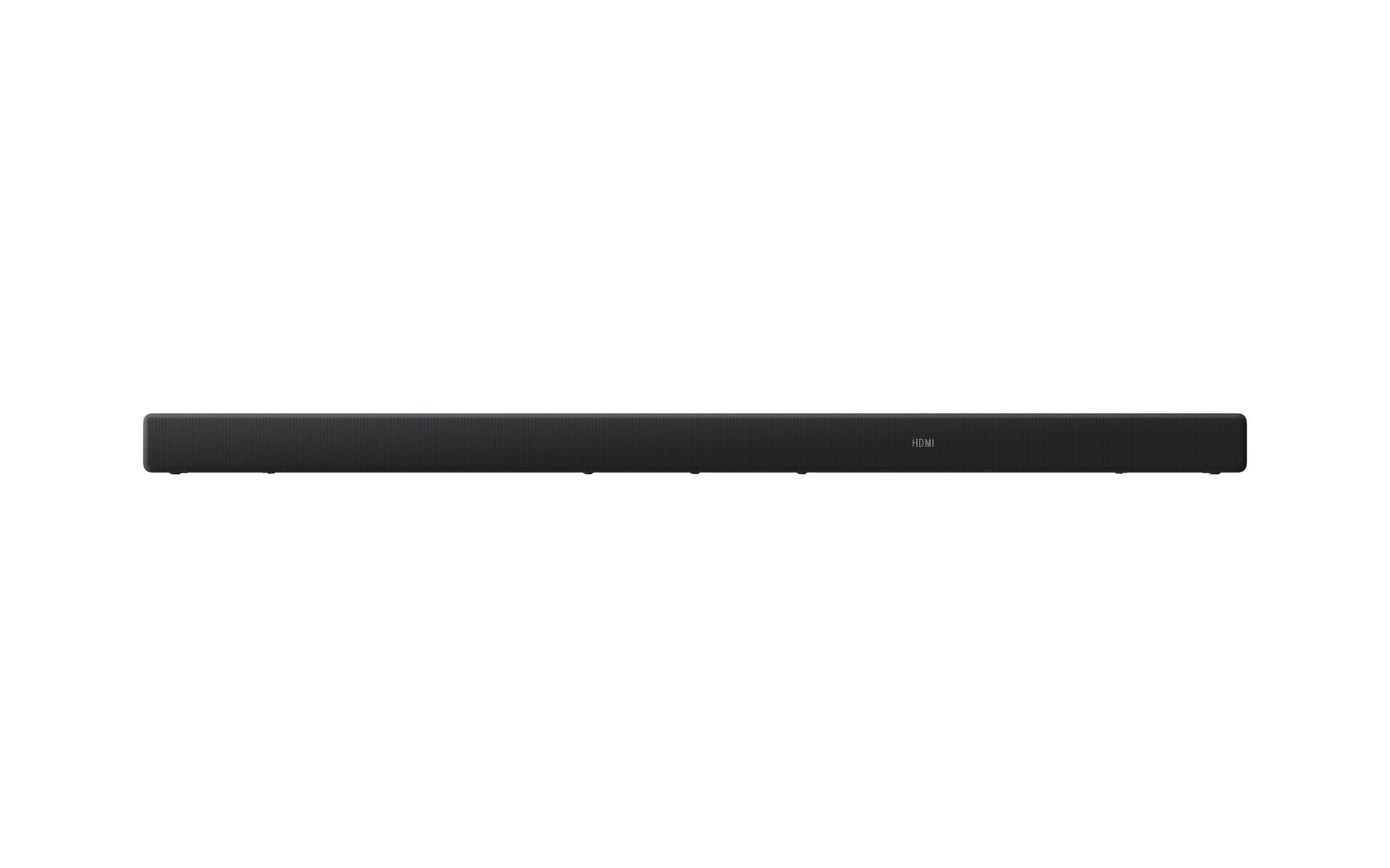 Ein schwarzer Soundbar mit HDMI-Etikett auf weißem Hintergrund, zeigt eine schlanke, rechteckige Form.