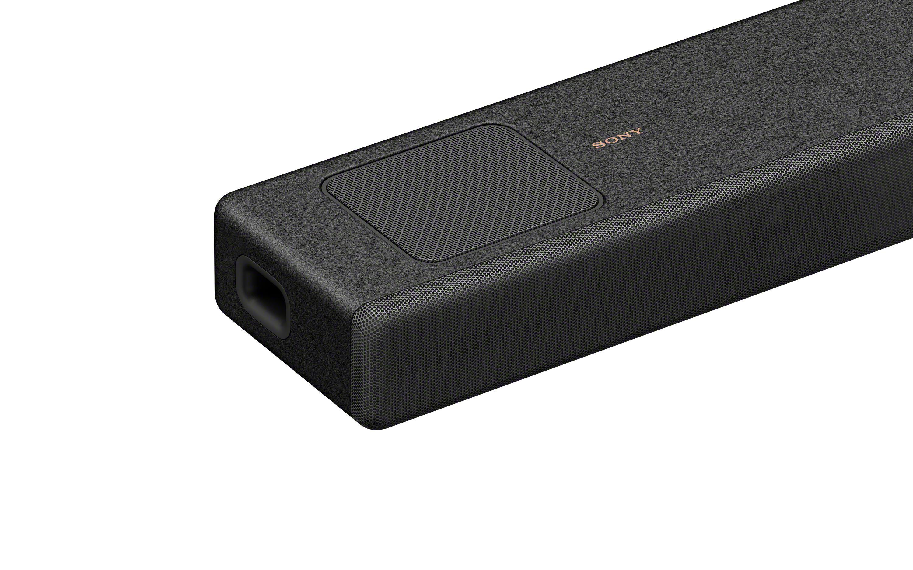 Schwarze Sony Soundbar auf weißem Hintergrund. Die Soundbar hat einen Lautsprecher.