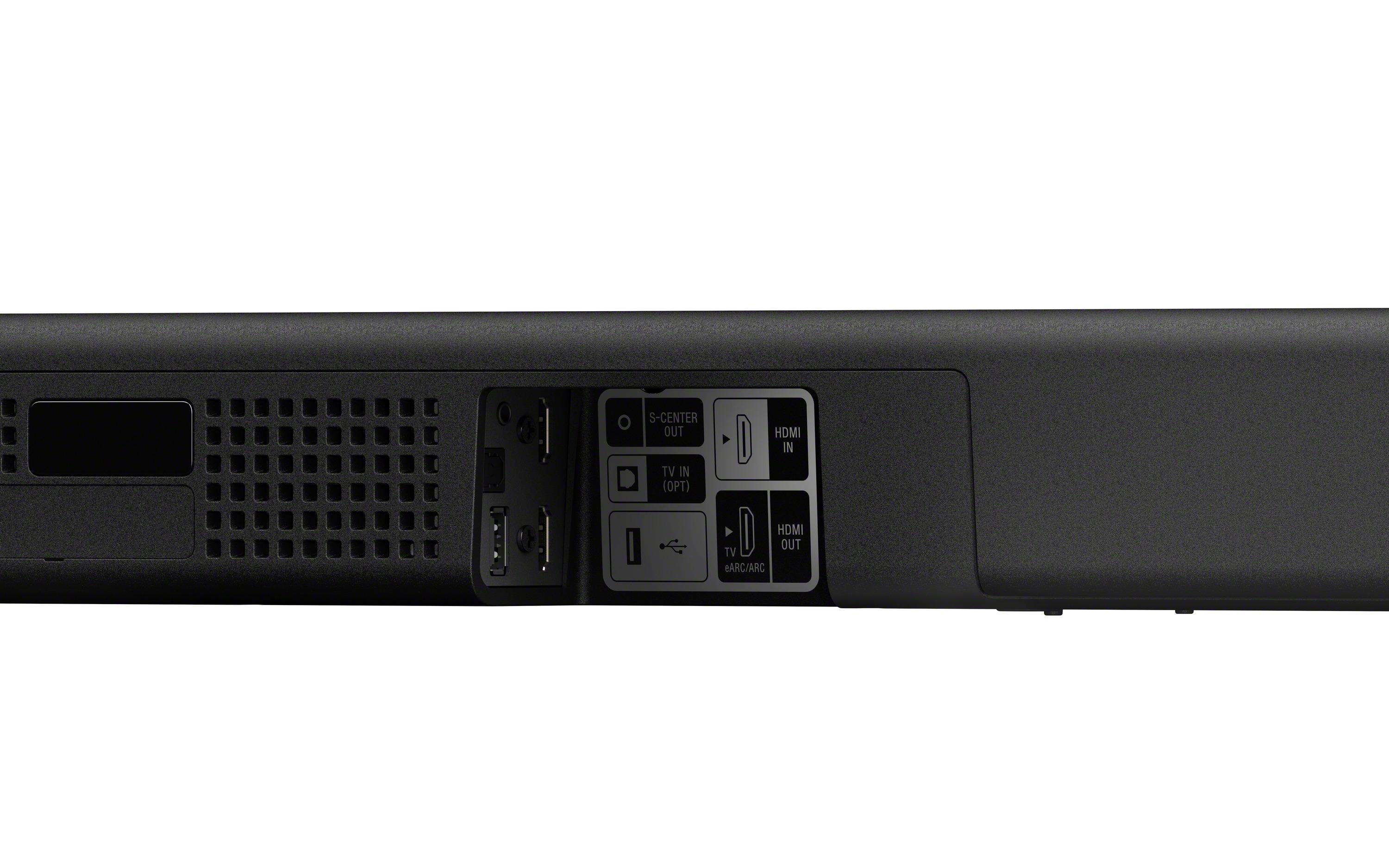 Die Rückseite einer schwarzen Soundbar mit verschiedenen Anschlüssen, darunter HDMI und USB.