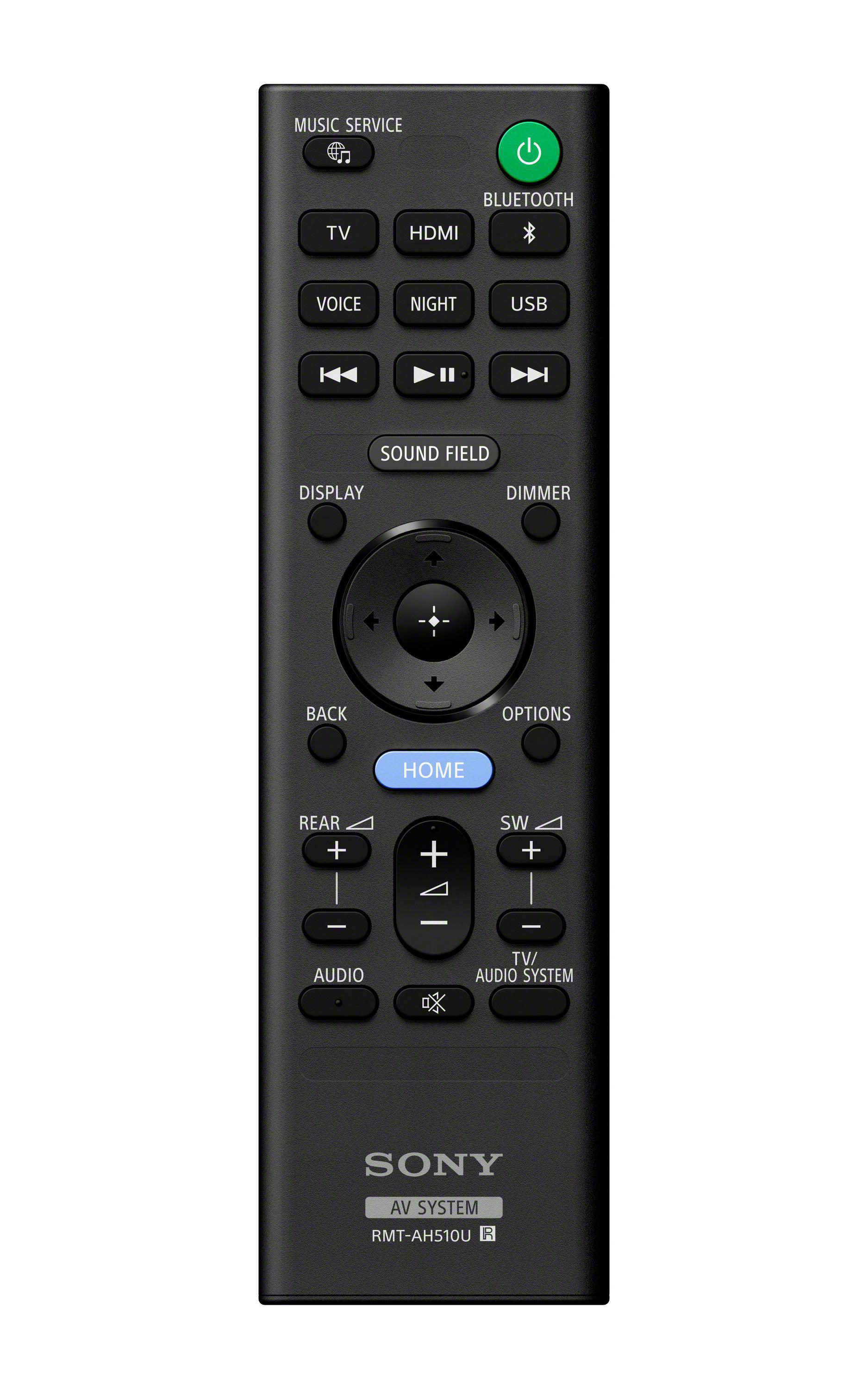 Schwarze Sony-Fernbedienung mit verschiedenen Tasten. Enthält Strom-, Lautstärke- und Navigationstasten.