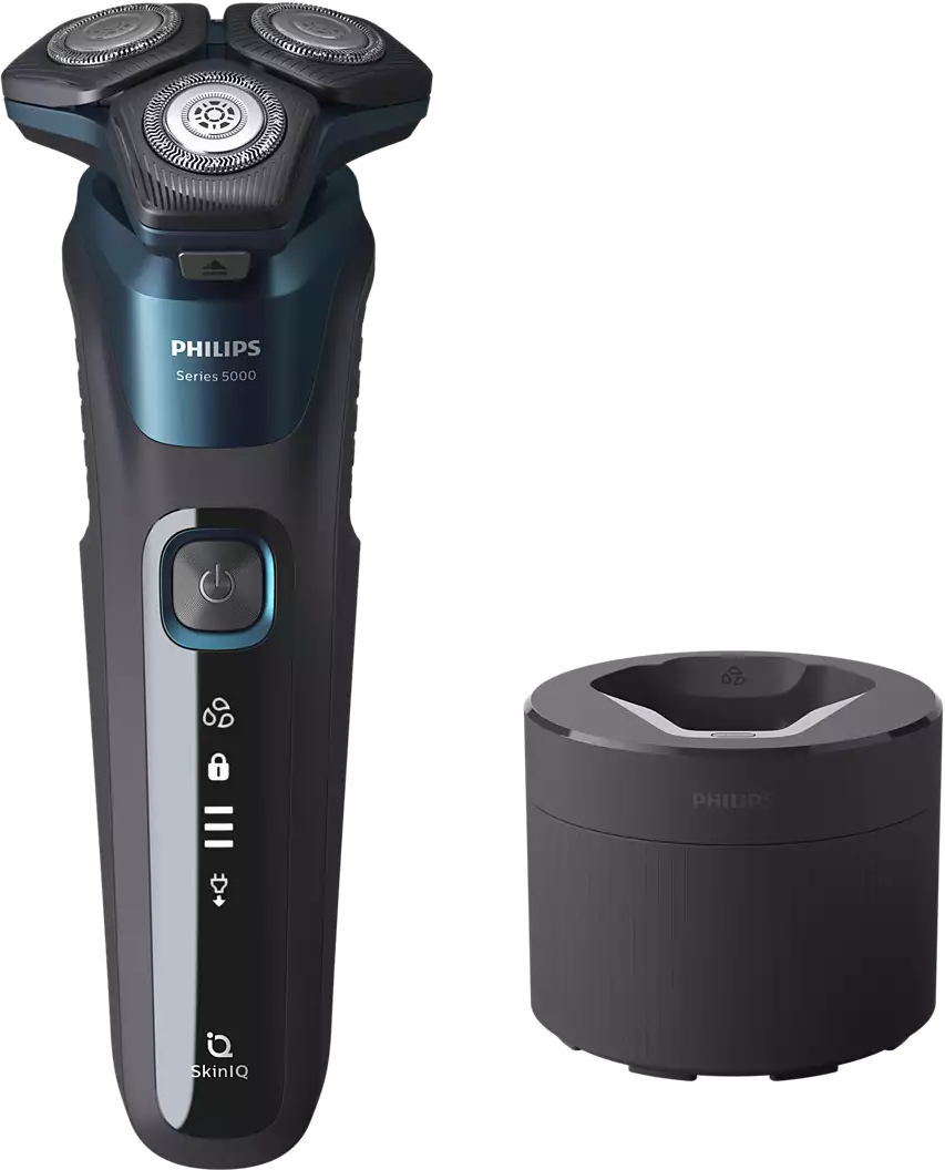 Rasoir électrique Philips Série 5000 avec socle de chargement, noir et teal.