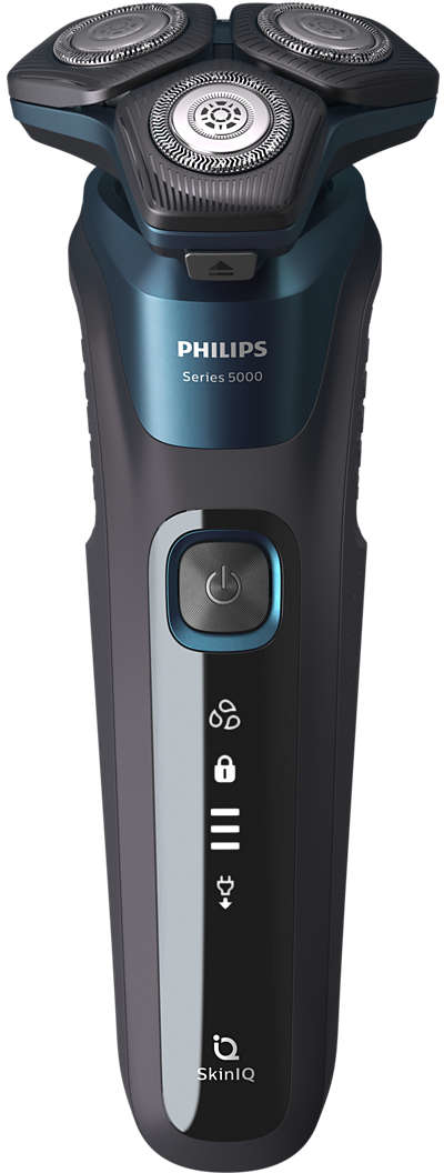 Rasoir électrique Philips noir et bleu. Trois têtes rotatives et un affichage numérique. Technologie SkinIQ.