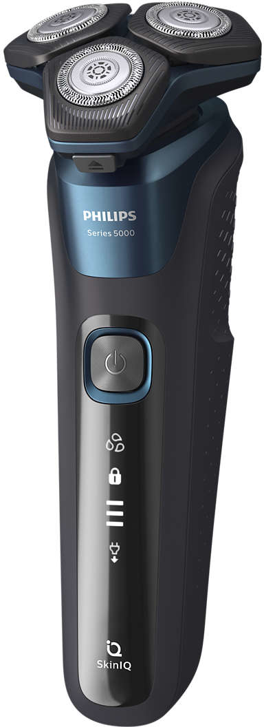 Rasoir électrique Philips Series 5000 noir et bleu avec trois têtes. Fond blanc.