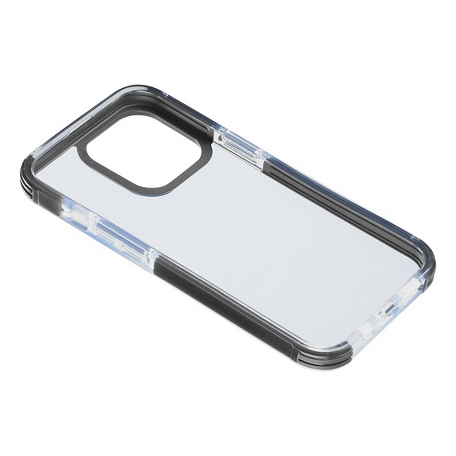 Funda transparente para teléfono con borde negro, sobre una superficie blanca. La funda está vacía y tiene marco negro.