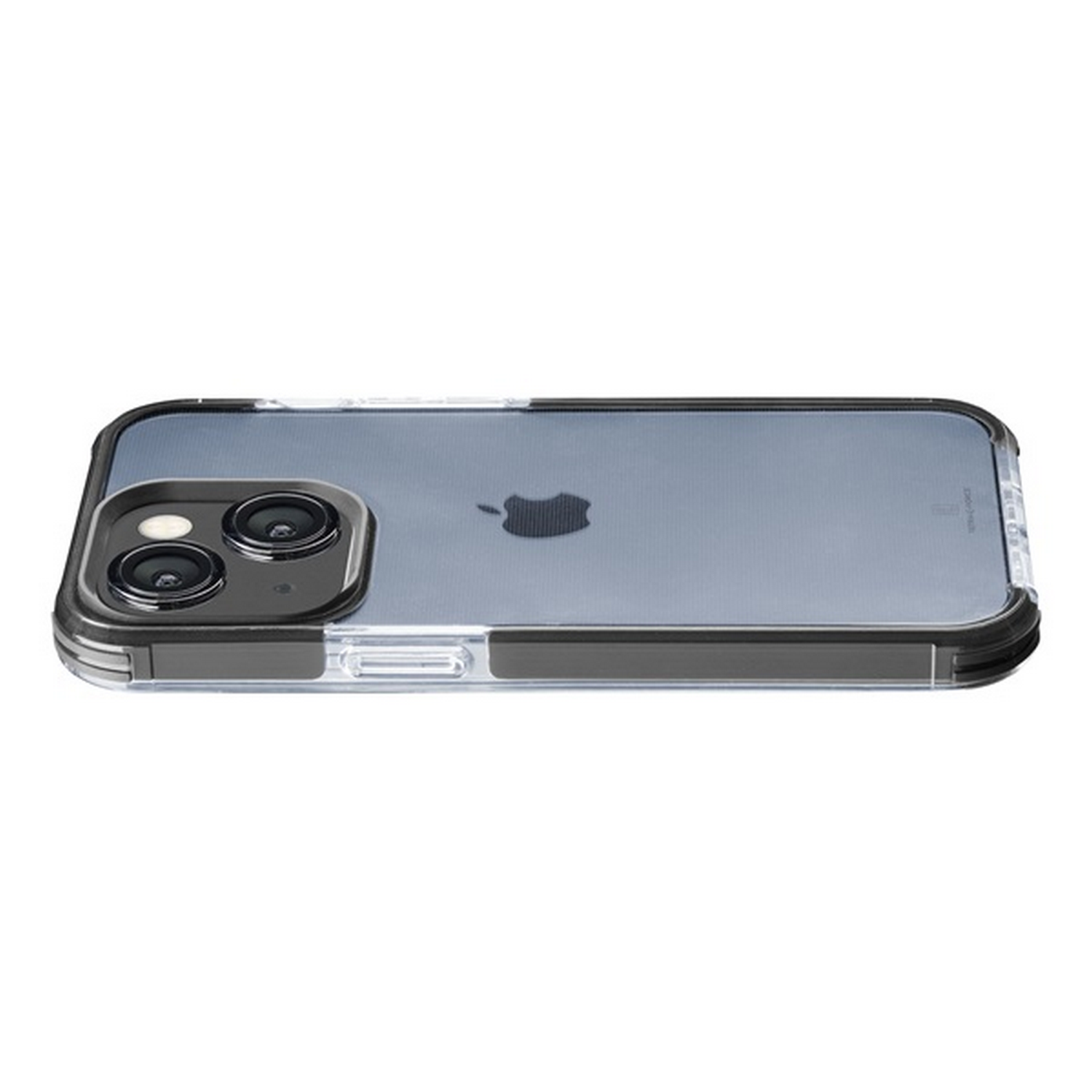 Teléfono con funda. Marco negro, parte trasera transparente, logo de Apple, dos lentes de cámara.