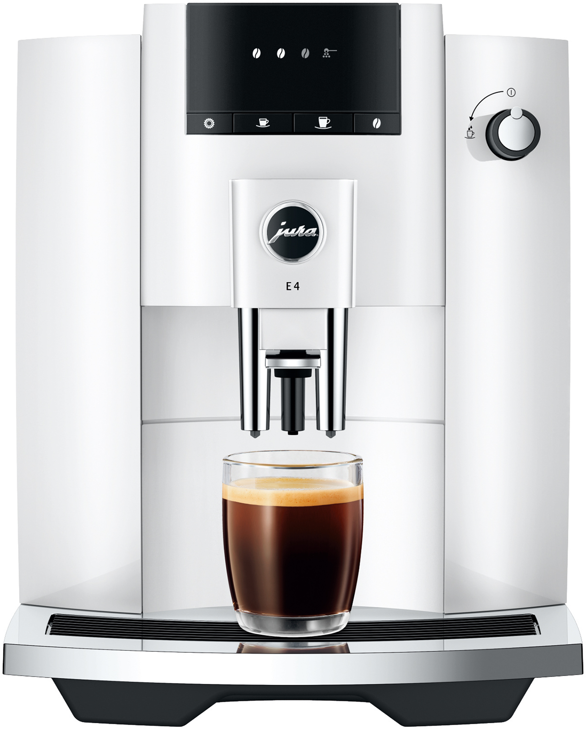White Jura E4 coffee machine with a glass of espresso.