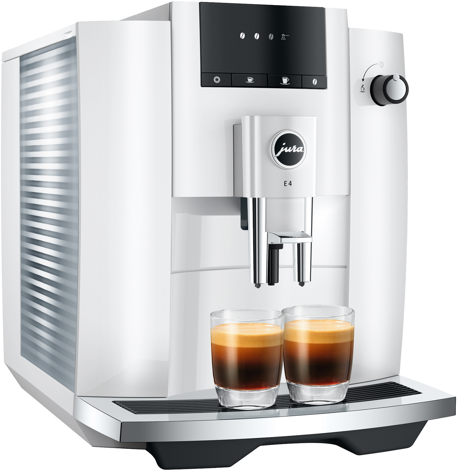 White Jura E4 coffee machine with two glasses of coffee. Black top panel with buttons.