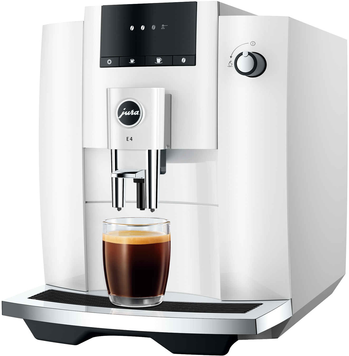 A white Jura E4 coffee machine dispensing espresso into a glass.