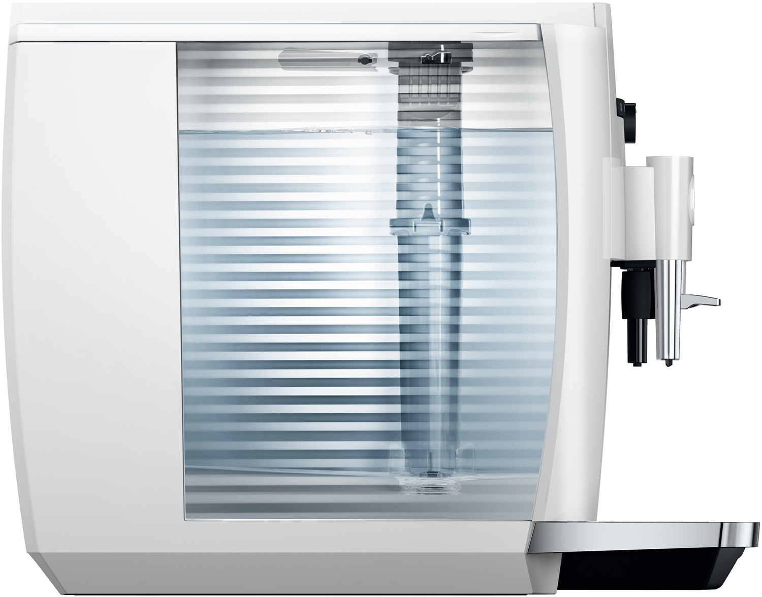 A white coffee machine, cutaway view shows the water tank and internal components.