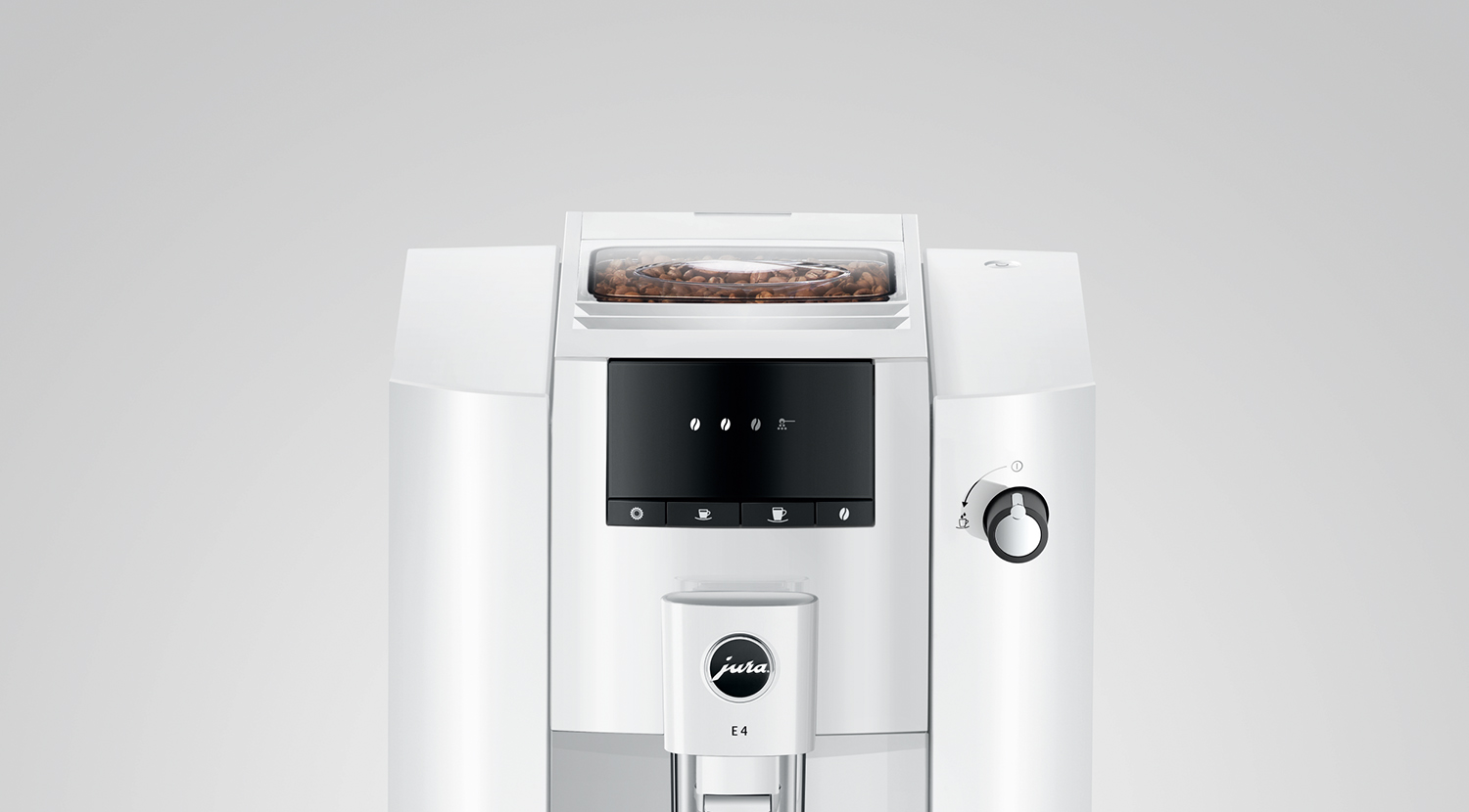 White coffee machine. Top view. Coffee beans in transparent container. White background.