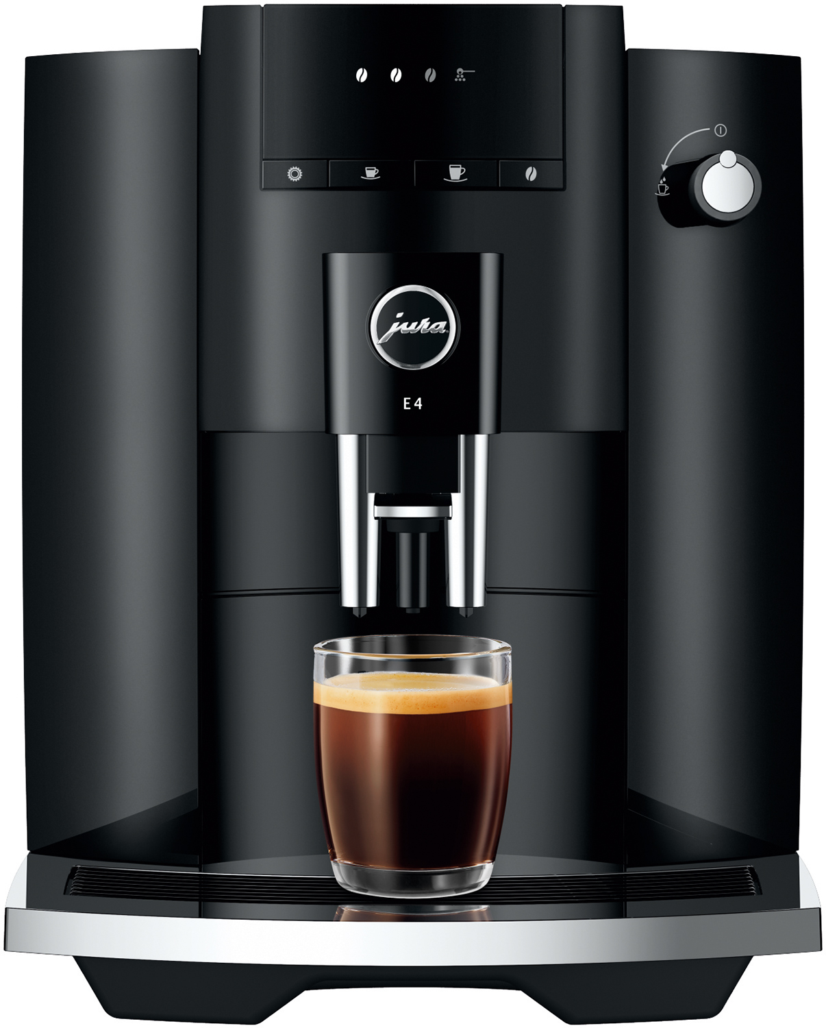 A black Jura E4 coffee machine with a glass of espresso in front of it on a white background.