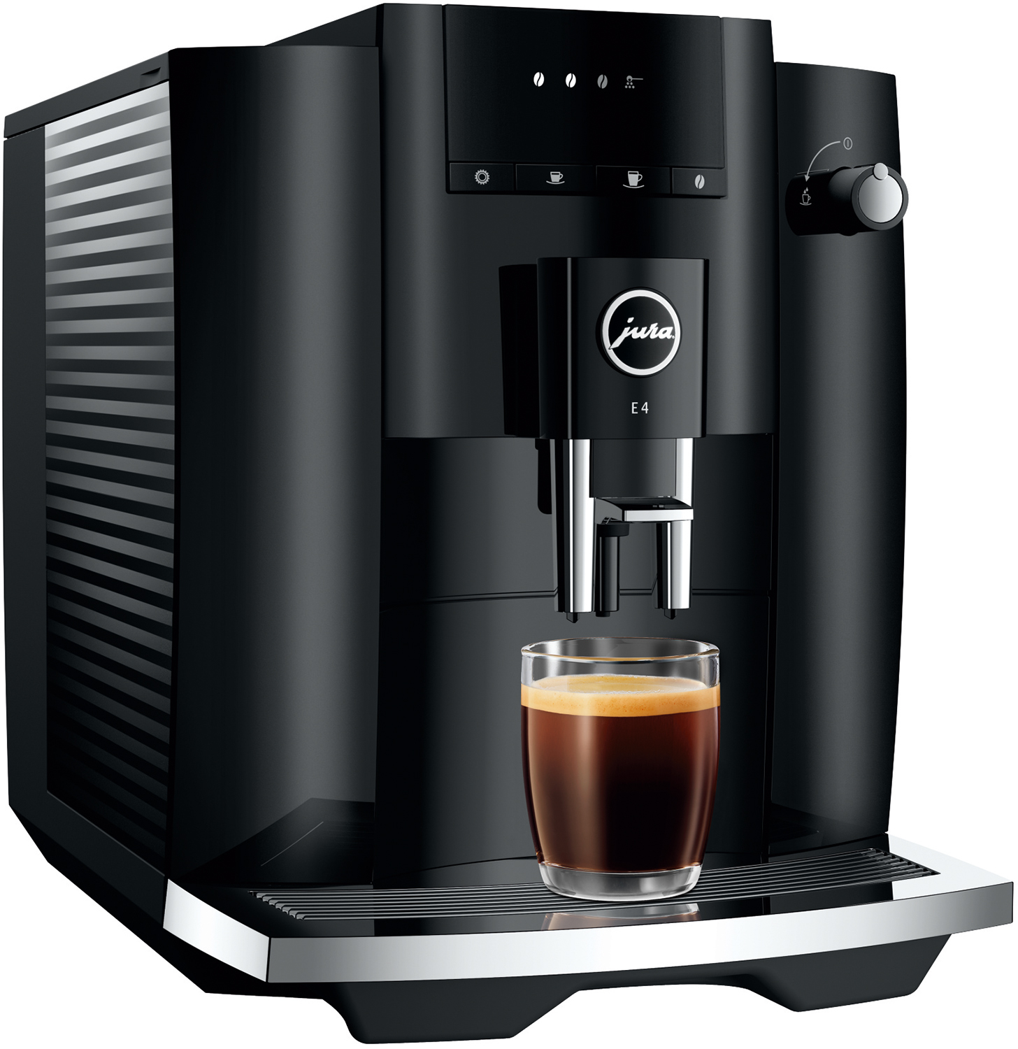Black Jura E4 coffee machine with a glass of coffee.