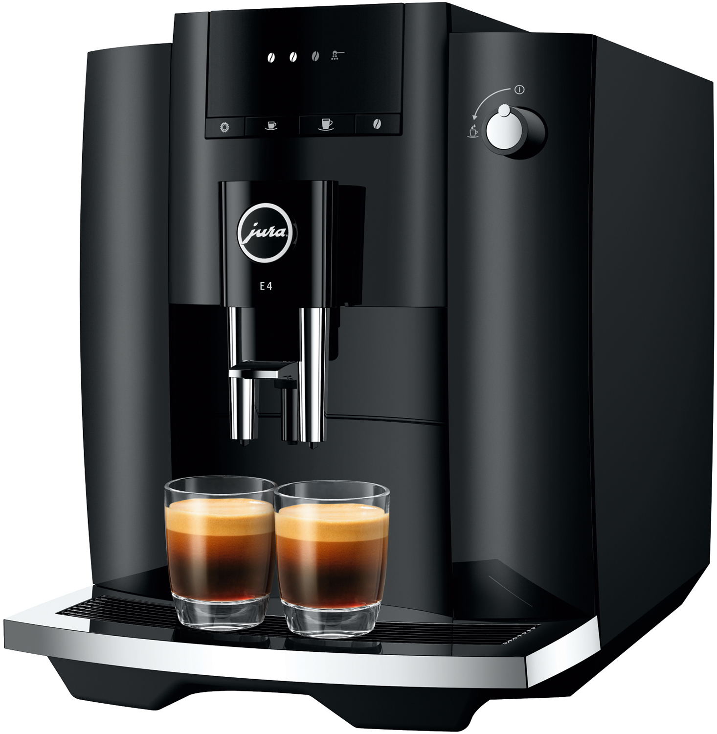 Black Jura E4 coffee machine with two glasses of espresso. White background.