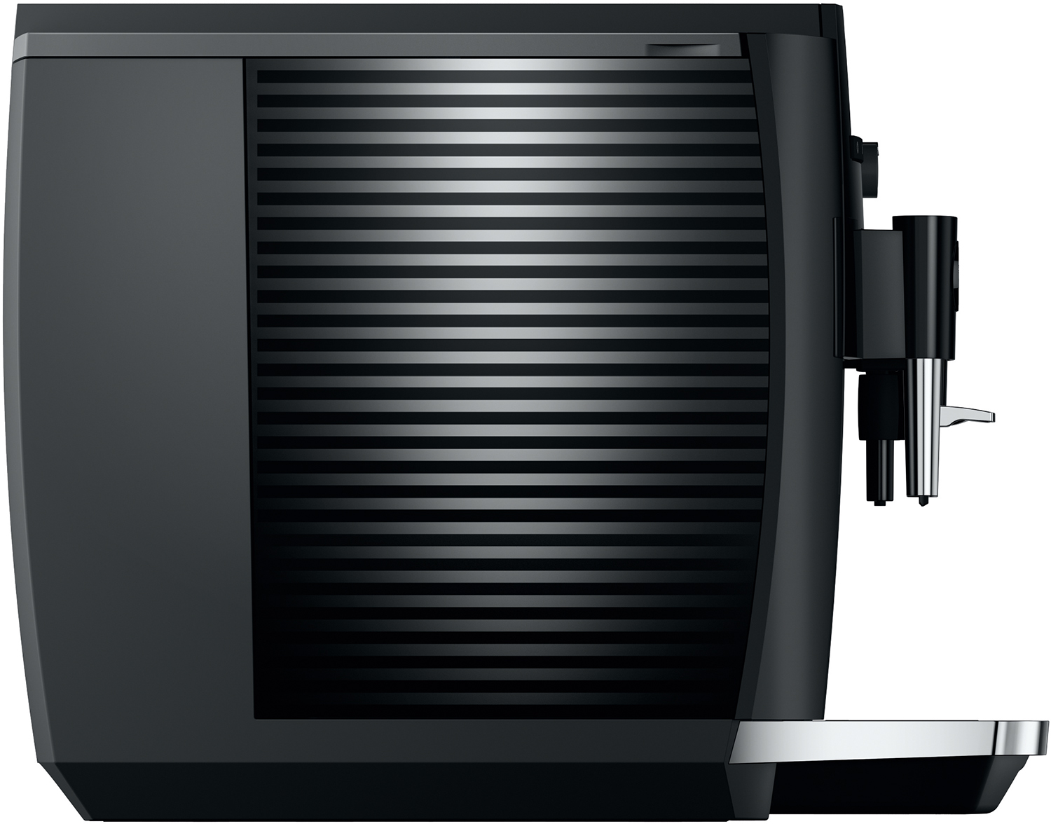 Black coffee machine with a side panel and a spout. The machine is on a white background.