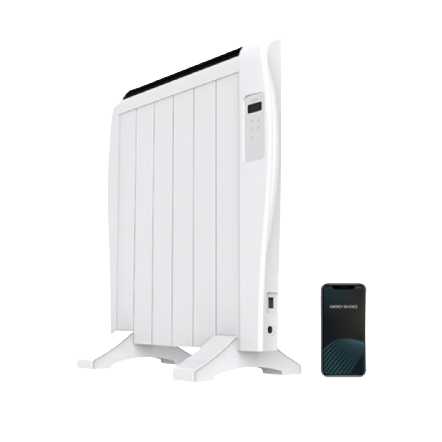 Radiador eléctrico blanco con teléfono que muestra Energy Silence.