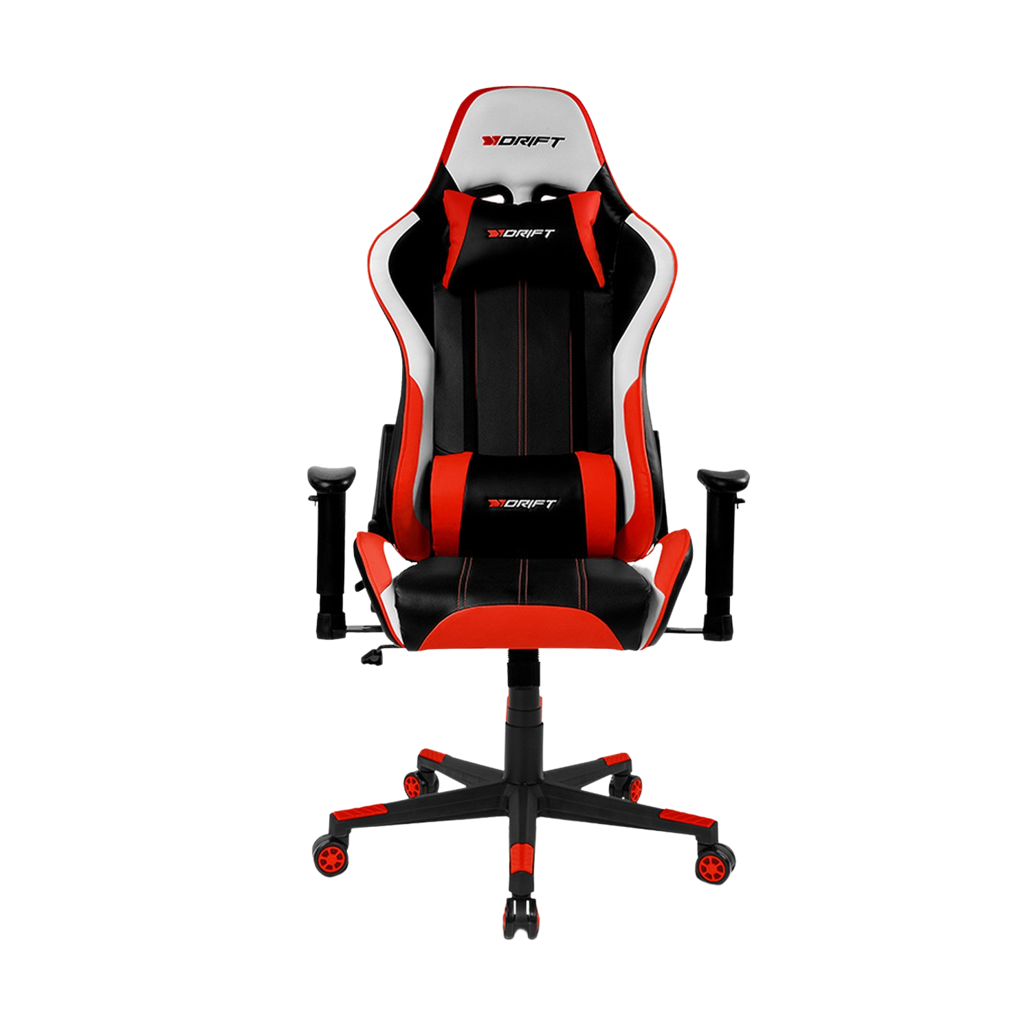 Silla gaming Drift, esquema de color negro, blanco y rojo sobre negro.