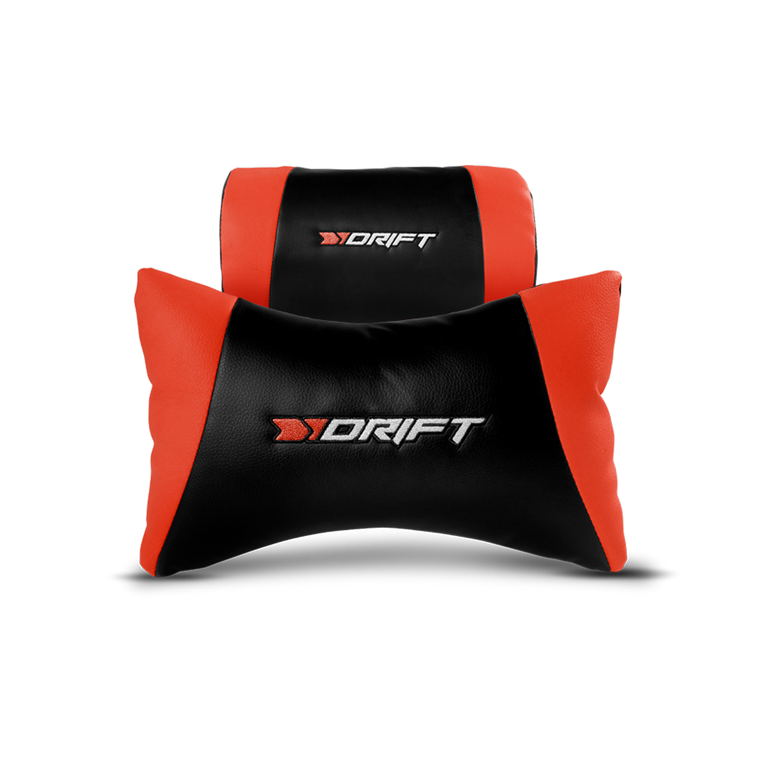 Cojines de reposacabezas para coche negros y rojos, con el logo 'DRIFT', sobre fondo negro.