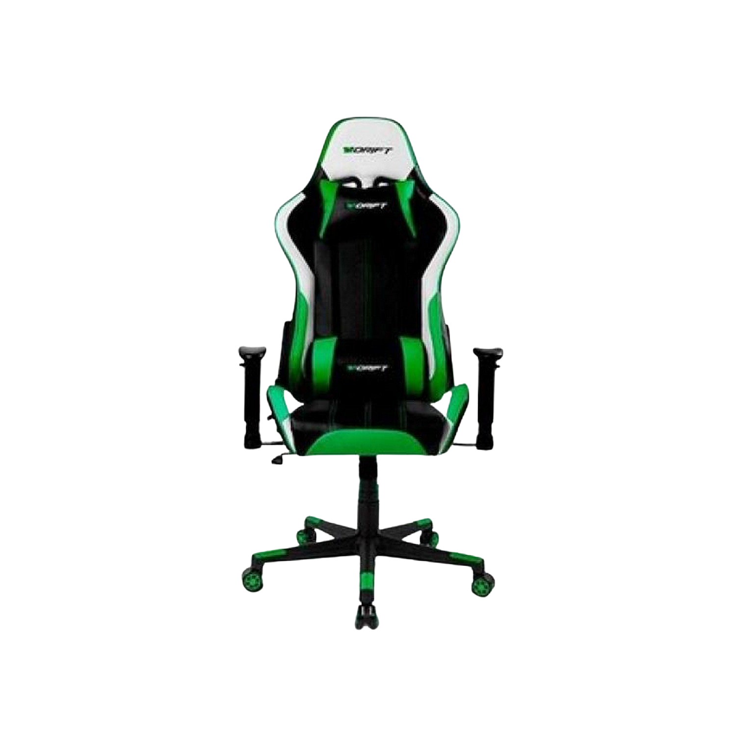 Una silla gaming. Es negra, verde y blanca. La silla tiene una base de cinco estrellas.