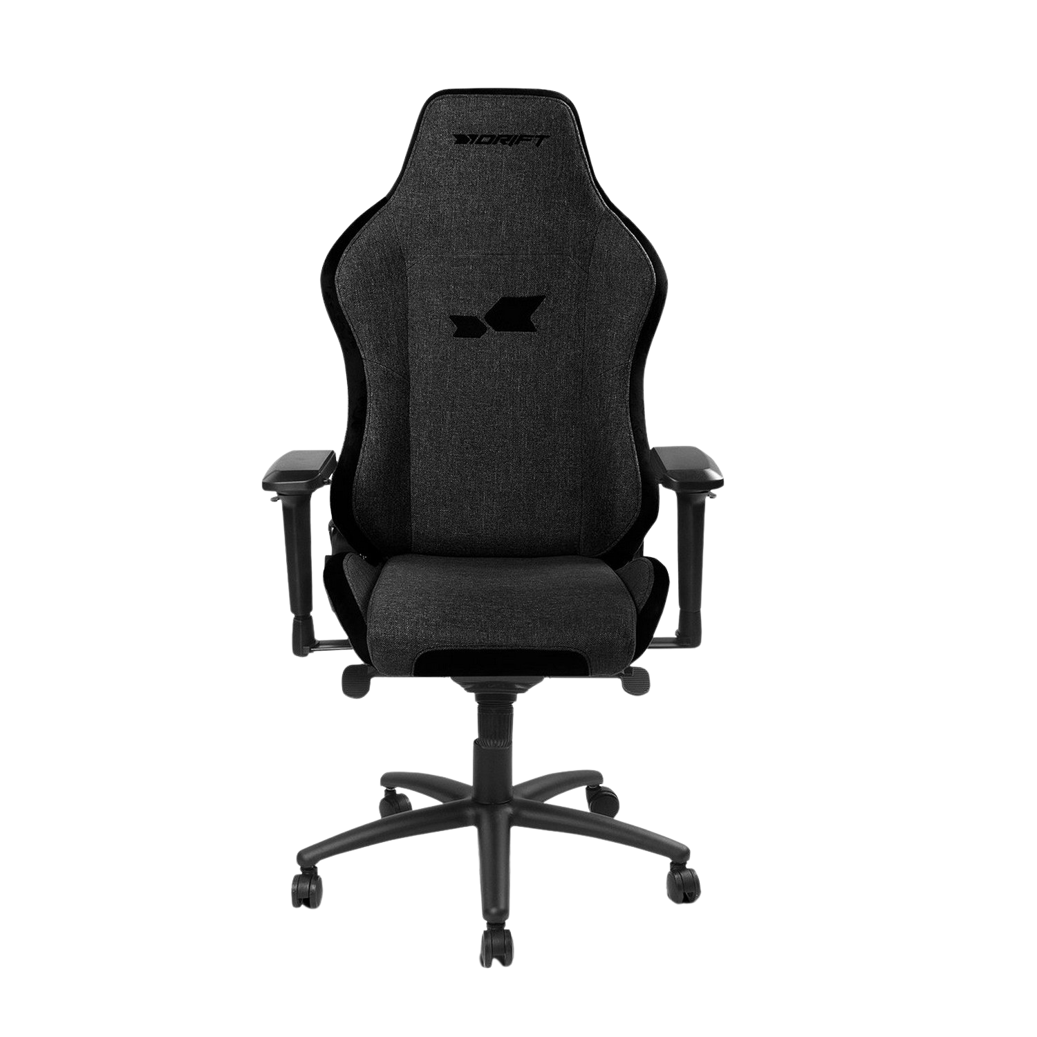 Una silla gamer negra con el logo DRIFT, mirando directamente a la cámara, sobre un fondo negro.