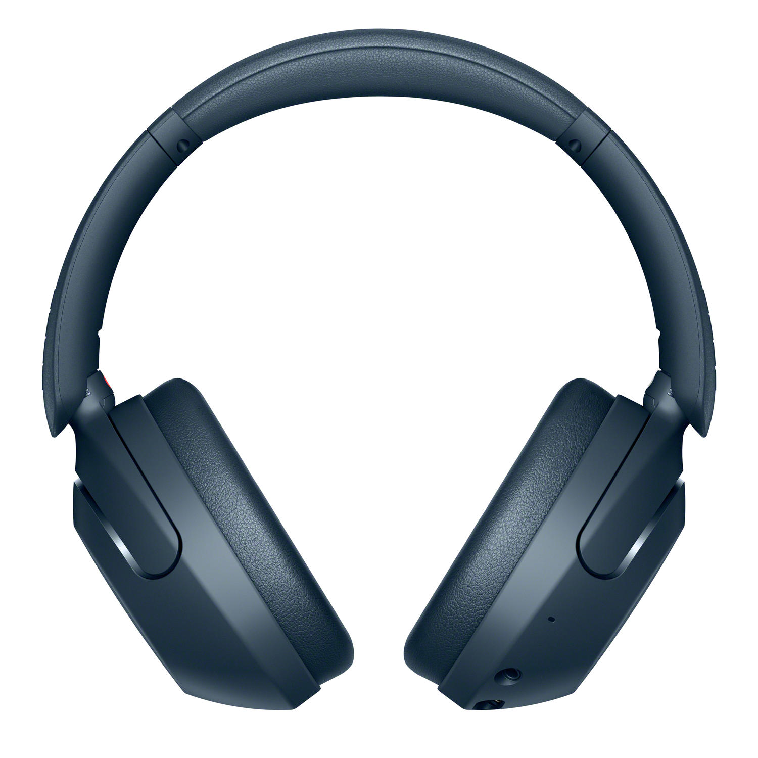 Blauwe over-ear koptelefoon, bovenaanzicht. Oorschelpen en hoofdband zijn verbonden.