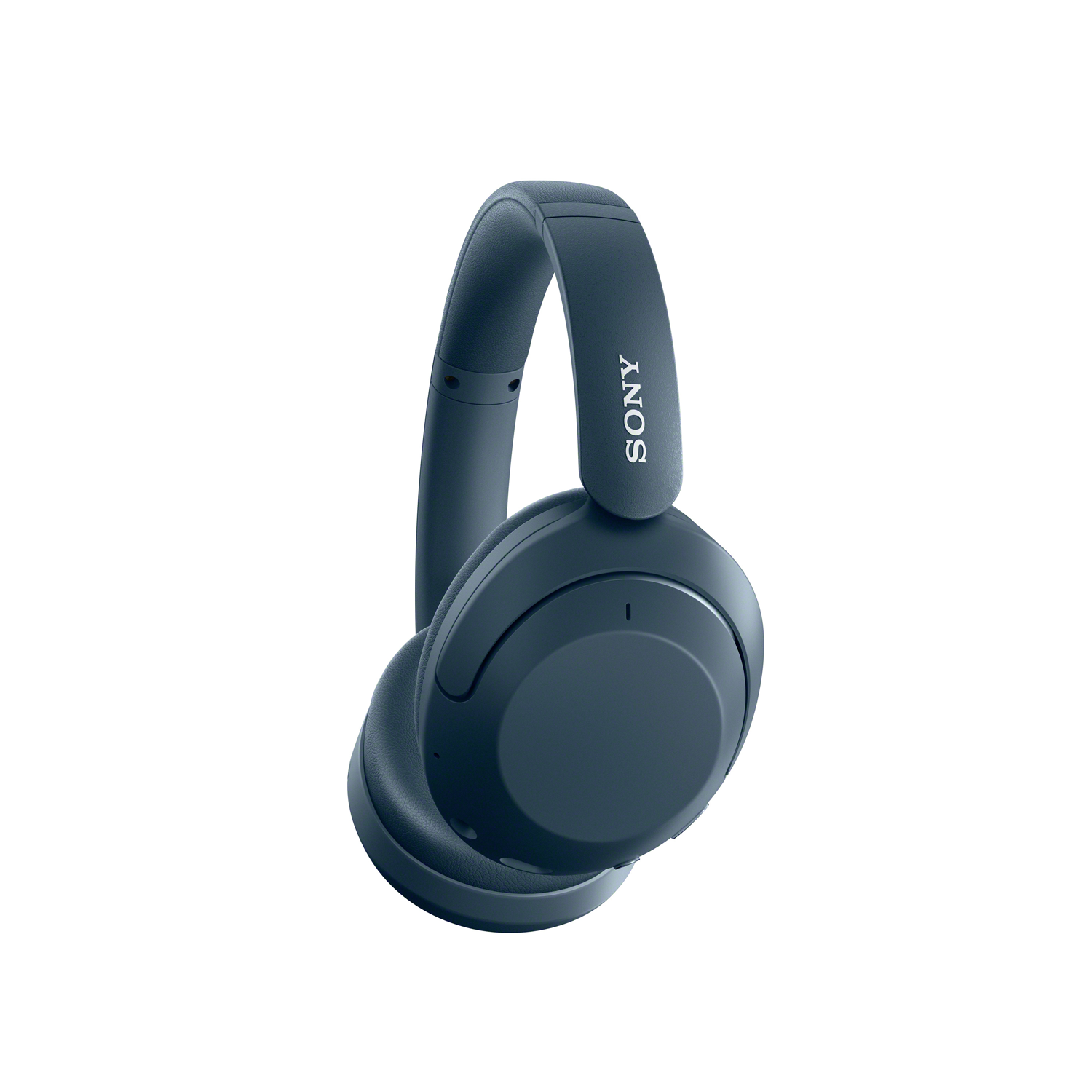 Donkerblauwe Sony-hoofdtelefoon, schuine weergave, met 'SONY' op de hoofdband.
