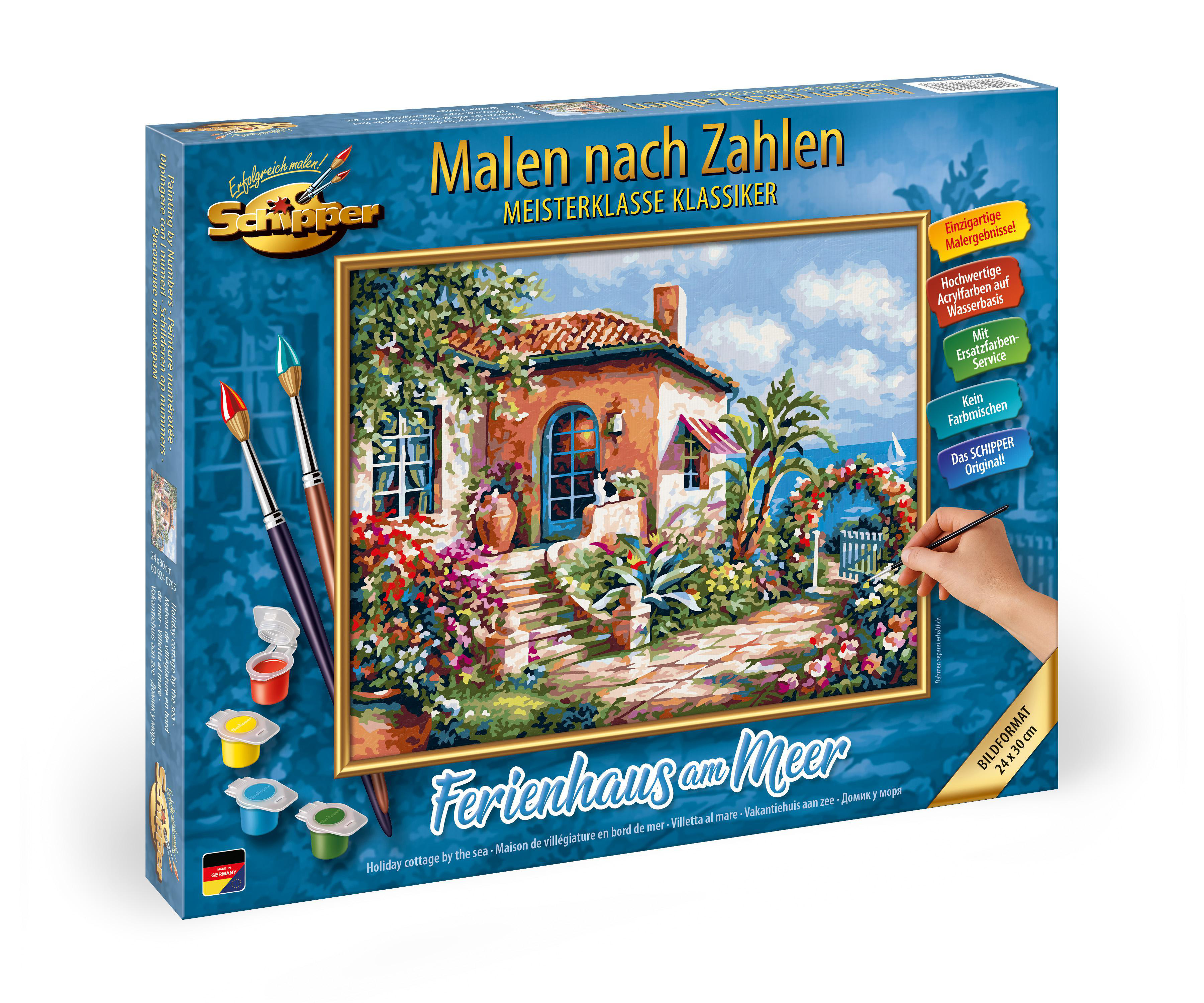 Malset: Ferienhaus am Meer mit Pinseln, Farben und Anleitung.