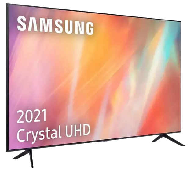 TV Samsung 2021 Crystal UHD, marco negro, pantalla colorida. Fondo negro.