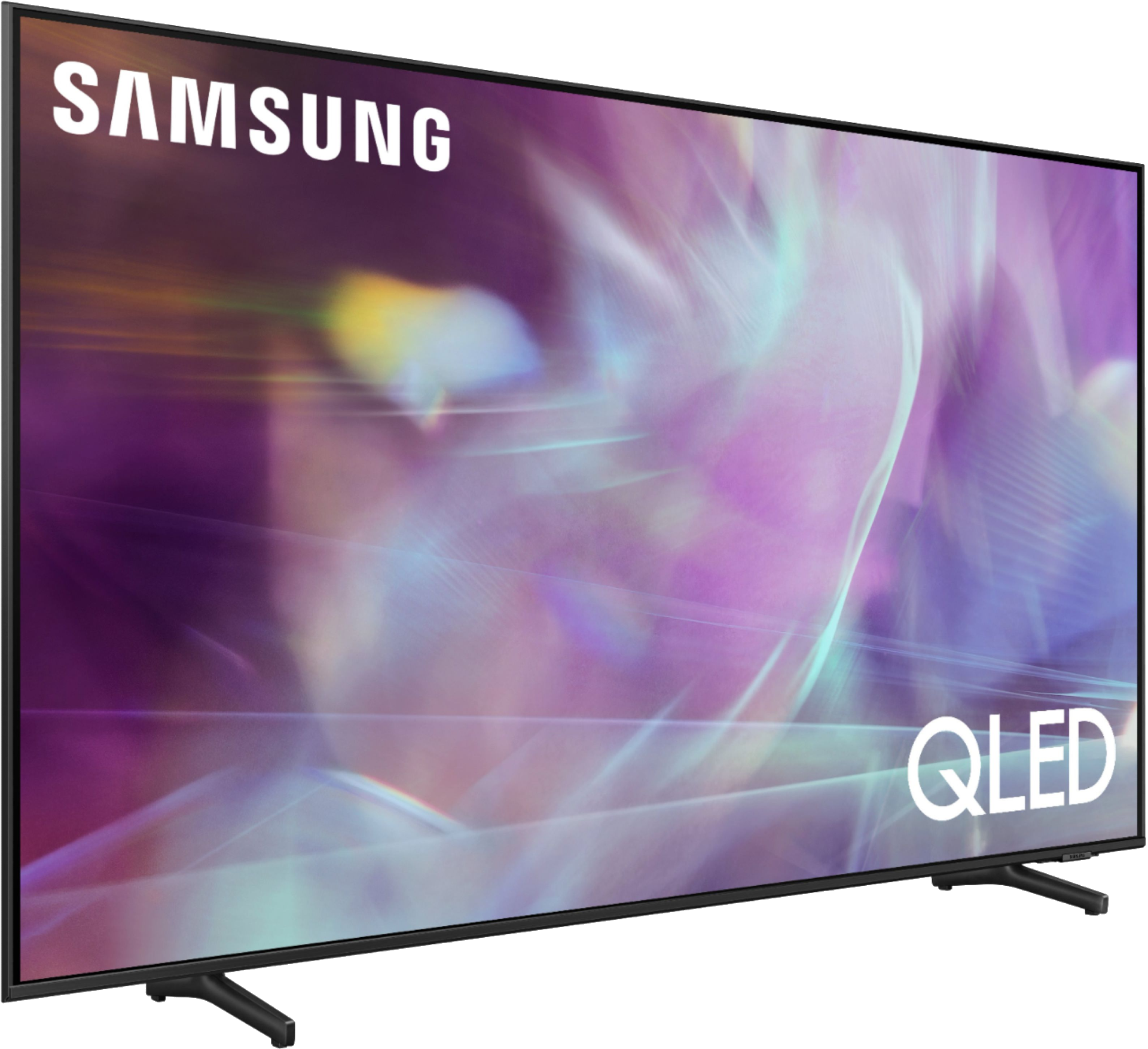 Televisor QLED negro grande sobre un soporte. Texto SAMSUNG y QLED blanco visible.