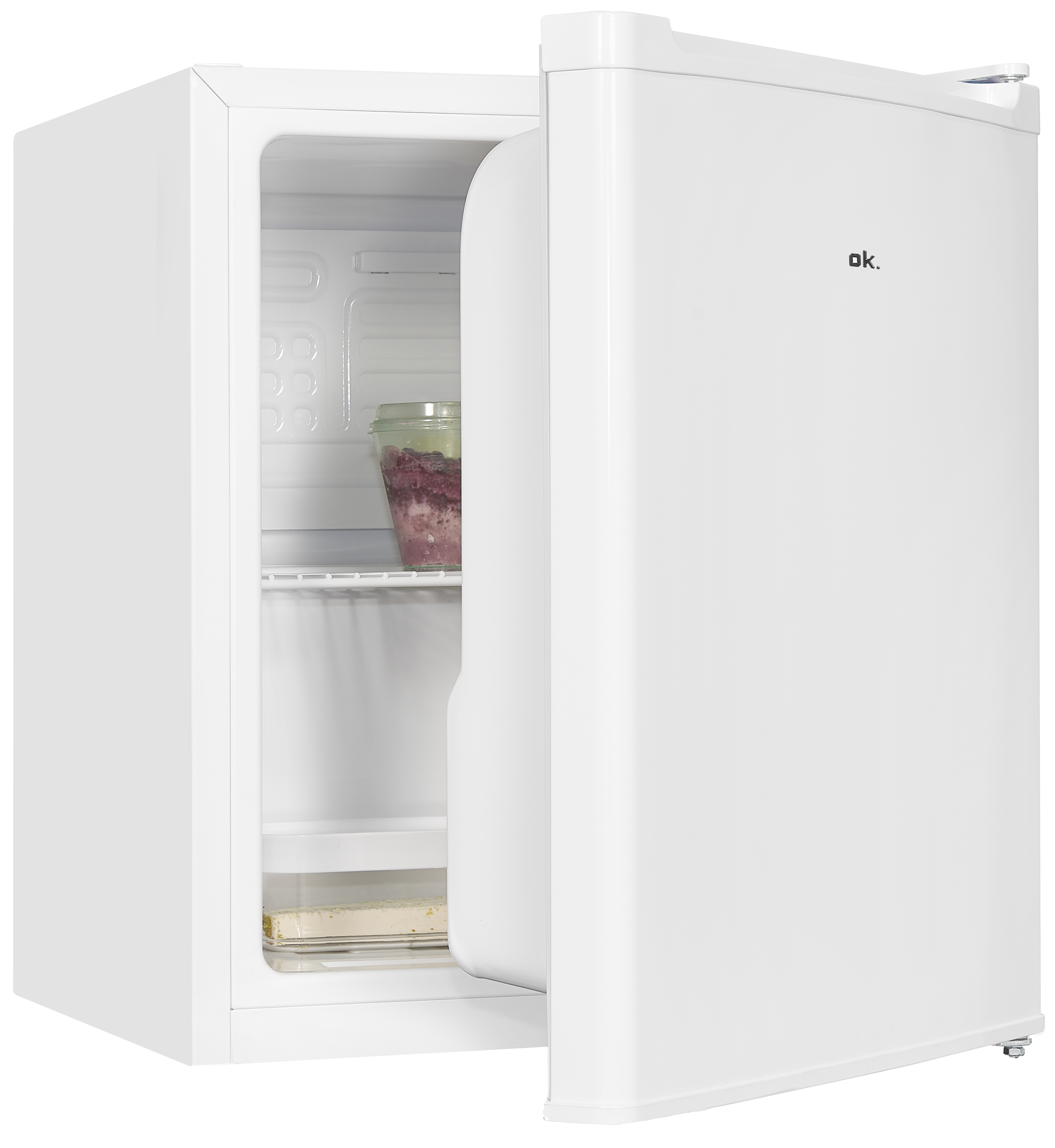 Weißer Mini-Kühlschrank, Tür offen mit Essen, Glasbehälter.