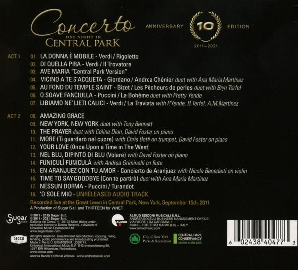 CD hátlap a 'Concerto One Night in Central Park' album számlistájával.